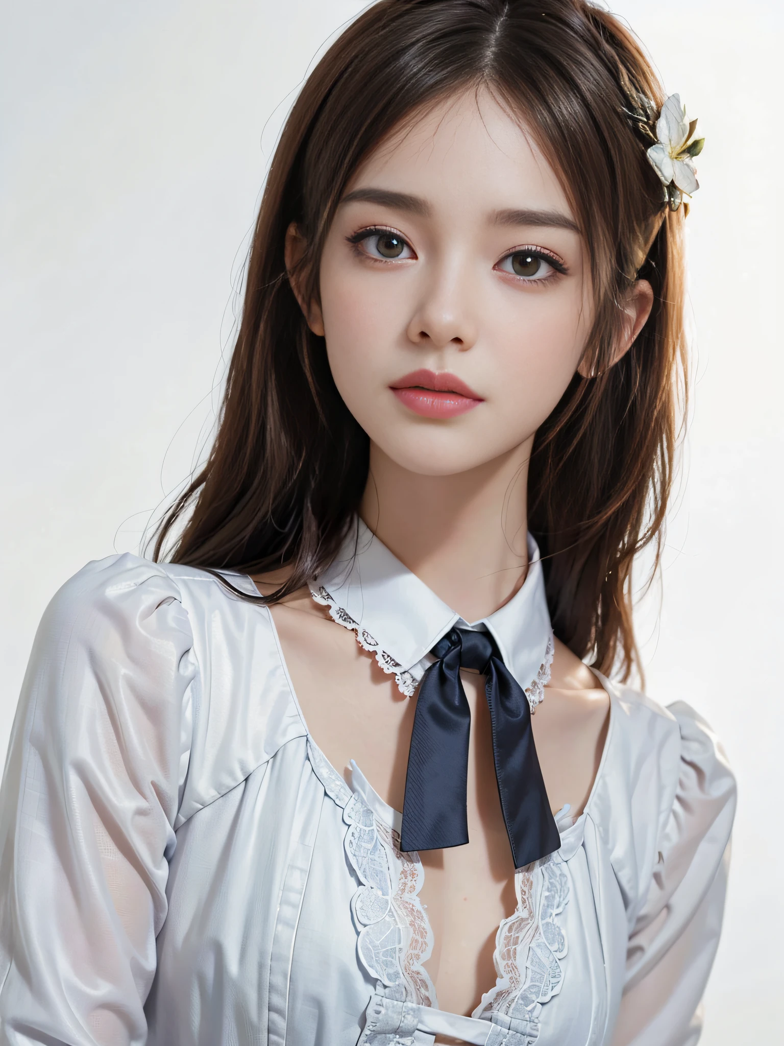 dressed, (photorealistic: 1.4), (hyperrealistic: 1.4), (realistic: 1.3), (smooth lighting: 1.05), (cinematic lighting quality improvement: 0.9), 32K, 1 girl, Japan woman, realistic lighting, backlit, face lights, ray tracking, (bright light: 1.2), (quality improvement: 1.4), ( Top quality realistic textured skin: 1.4), fine detailed eyes, detailed face, fine quality eyes, brown eyes, (tired, sleepy and satisfied: 0.0), blue floral white silk blouse with ruffles and lace, thin string ribbon tie, dark brown hair, short cropped bangs hanging on the forehead, small flower headband, one adult woman with a faint smile, (white background)