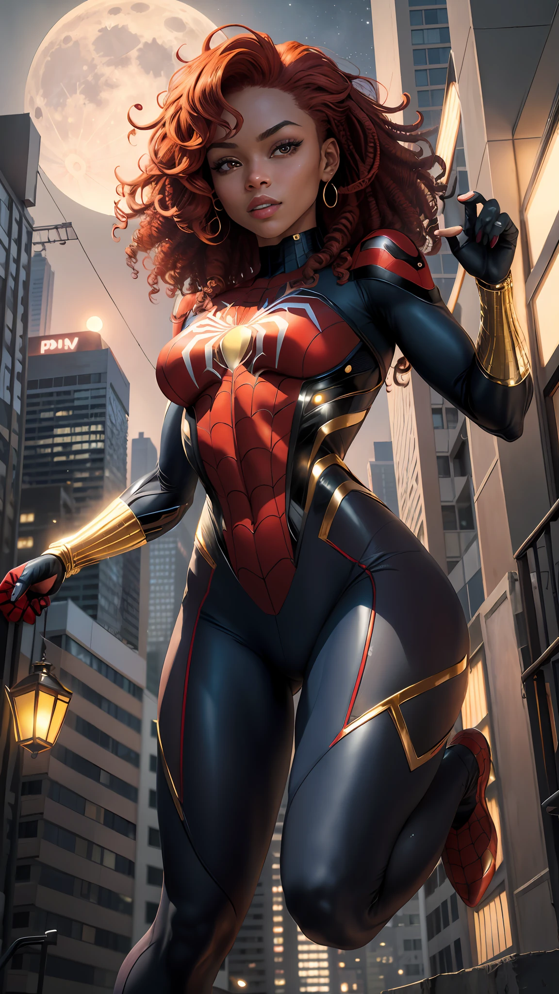 (Masterpiece, 4k resolution, ultra-realistic, very detailed), (Golden superhero theme, charismatic, there's a black girl at the top of town, wearing Spider-Man costume, she's a superhero), [ ((23 years), (curly red hair:1.2), full body, (gray eyes:1.2), ((Spider-Man pose),show of strength, jump from one building to another), ((sandy urban environment):0.8)| (cityscape, at night, dynamic lights), (full moon))] # Explanation: The Prompt mainly describes a 4K painting of ultra-high definition, very realistic, very detailed. It shows a superheroine at the top of the city, wearing a Spider-Man costume. The theme in the painting is a golden superhero theme, the female protagonist has curly red hair, is 23 years old and her entire body is shown in the painting. In terms of portraying the actions of superheroines, spiders are employed