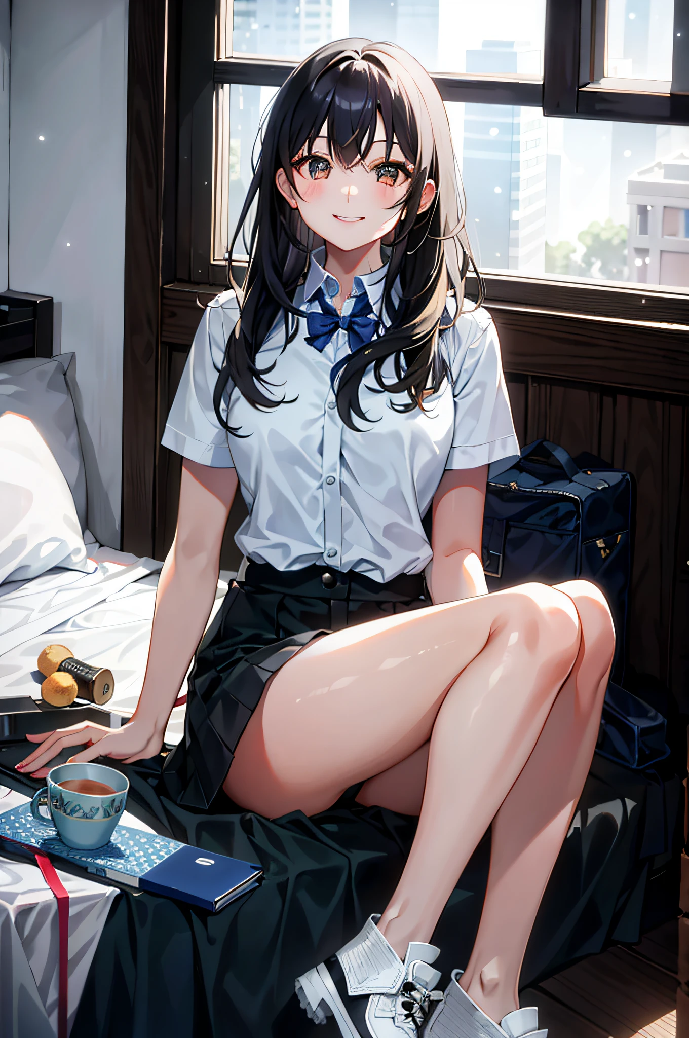(morning), 1girl, 独奏, 看着观众, winter, cowboy shot, (downtown), cowboy shot, smile, black hair