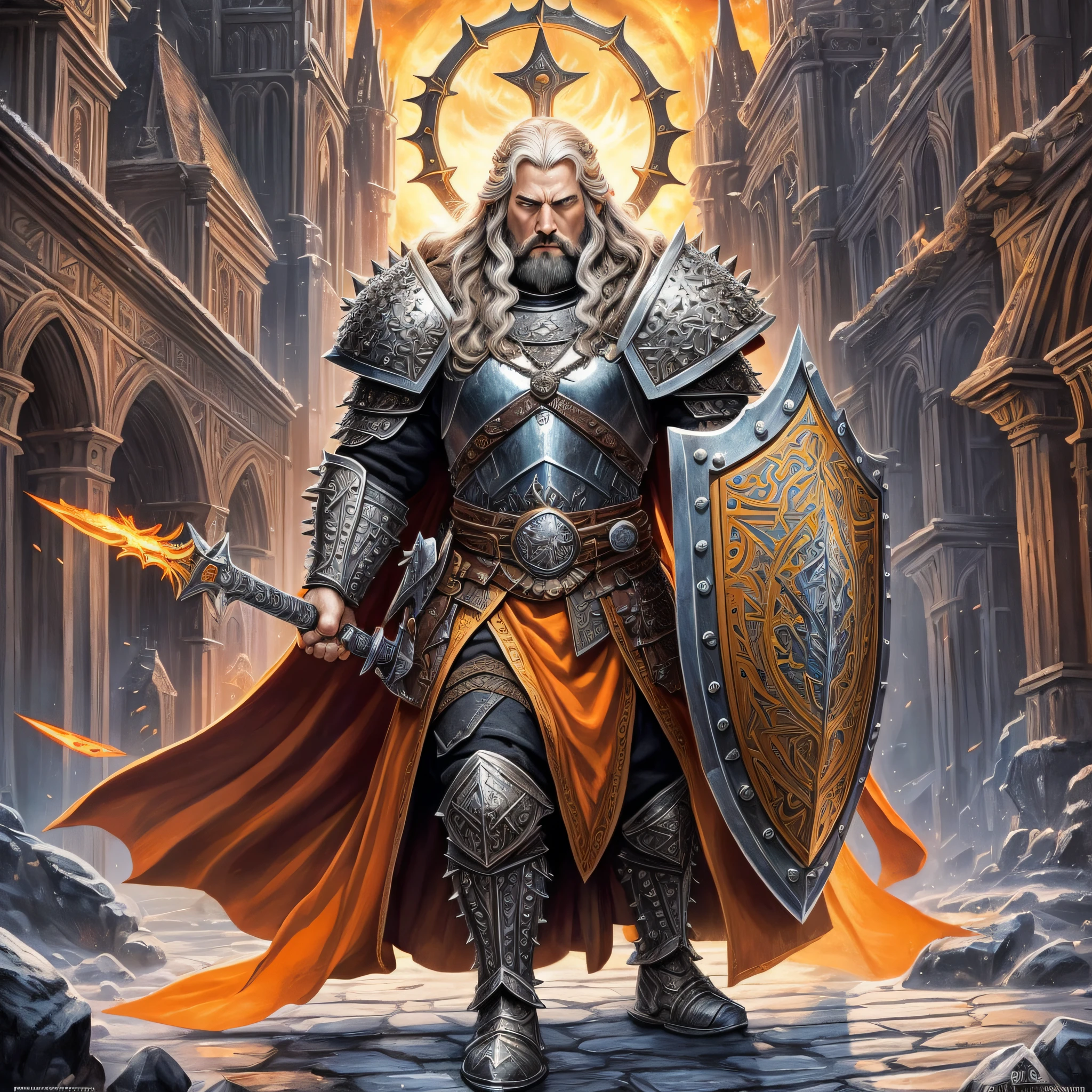 D&D art Full body, (Masterpiece, best quality). male, dwarf (Masterpiece, best quality). Cleric, (Masterpiece, best quality) , with a long, braided blond hair, blue eyes, (Masterpiece, best quality). Armed in the right hand with a yellow, radiant sword, with dwarven runes on it (Masterpiece, intense details). Holding a shield in the left hand (Masterpiece, intense details). Wearing heavy black armor with spikes and shield (Masterpiece, intense details). Donning bellowing orange cloak with sun sigils (Masterpiece, intense details) with a cathedral background at dawn(Masterpiece, intense details) --auto --s2