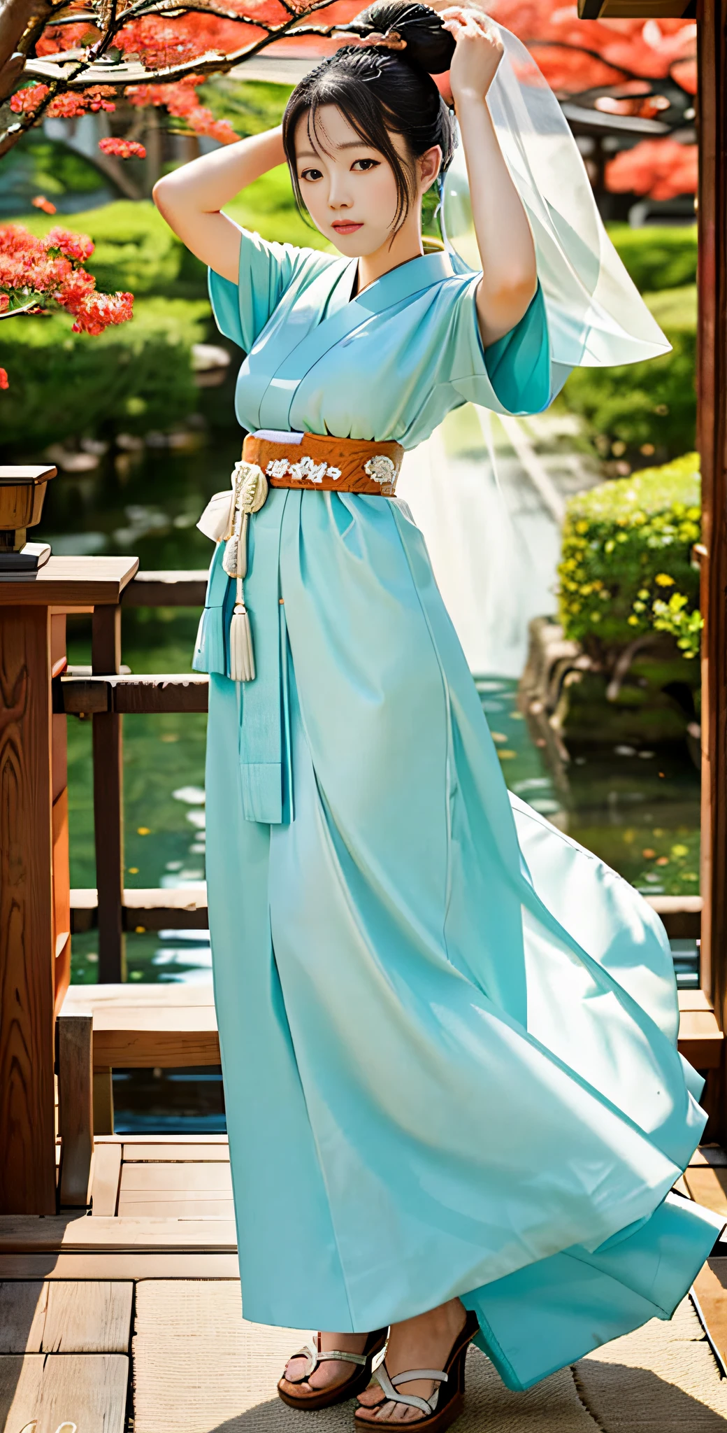 Step into the world of Japanese elegance as you behold a beautiful woman adorned in a traditional colorful kimono. The camera lens skillfully blurs the background, directing your gaze to her enchanting presence. She stands amidst a picturesque garden, where vibrant flowers bloom in radiant hues, and falling leaves create a poetic ambiance. Immerse yourself in the emotional tapestry woven by the convergence of culture and nature. Feel a sense of tranquility wash over you as you appreciate the harmonious beauty of this captivating scene. Allow yourself to be transported to a place where tradition and natural splendor dance in perfect harmony