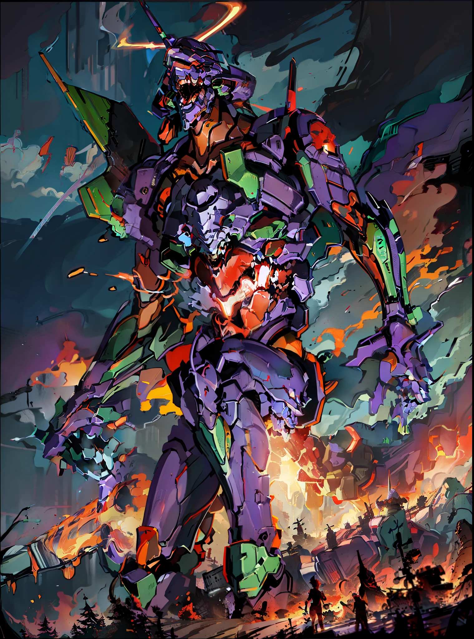 EVA 01, EVA, Doomsday Style, Black, Red, Blood, Detailed EVA 01, Best Quality, Masterpiece, 8K, White Halo on the Head, Glowing Aura, Detailed EVA 01 Head, Bleeding All Over, Open Mouth, Rampage, Rage