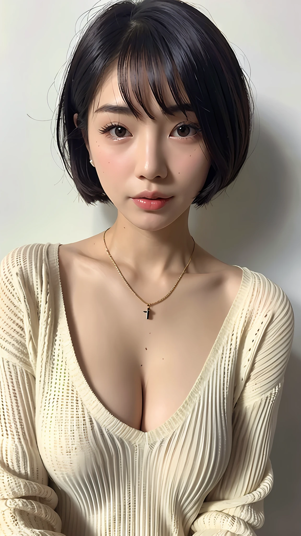 Allafed asian woman, short hair and bra, beads crossed bare chest, short hair, Yoshitomo Nara, Japanese model, beautiful asian girl, 2 4 year old female model, Asian girl, Japanese goddess, bust with beautiful neck, beautiful delicate body and face, Diami Kojima