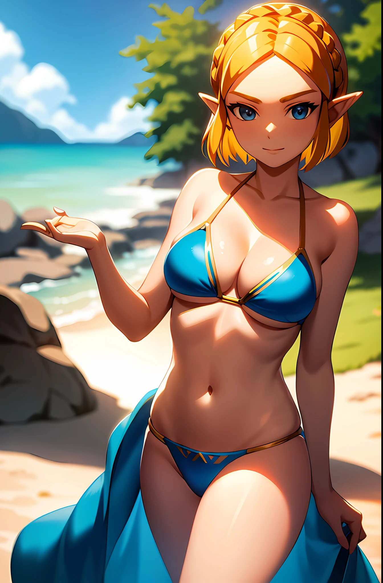masterpiece,best quality,zelda\(princess\), 1girl, solo, large breasts,short_hair, two piece bikini, micro bikini, cleavage