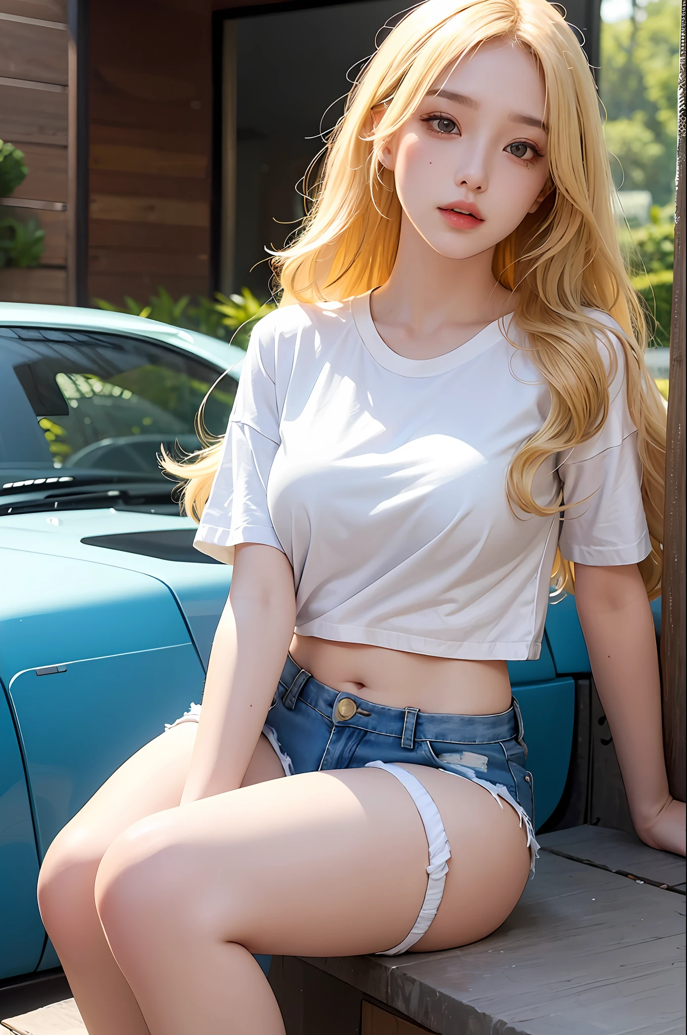 Realistic, high resolution, 1 girl, yellow wavy hair, Korean, heterochromic eyes, small moles under the eyes, loose white shirt, skinny denim shorts, big breasts, thin thighs, white stockings beautiful legs, jade feet