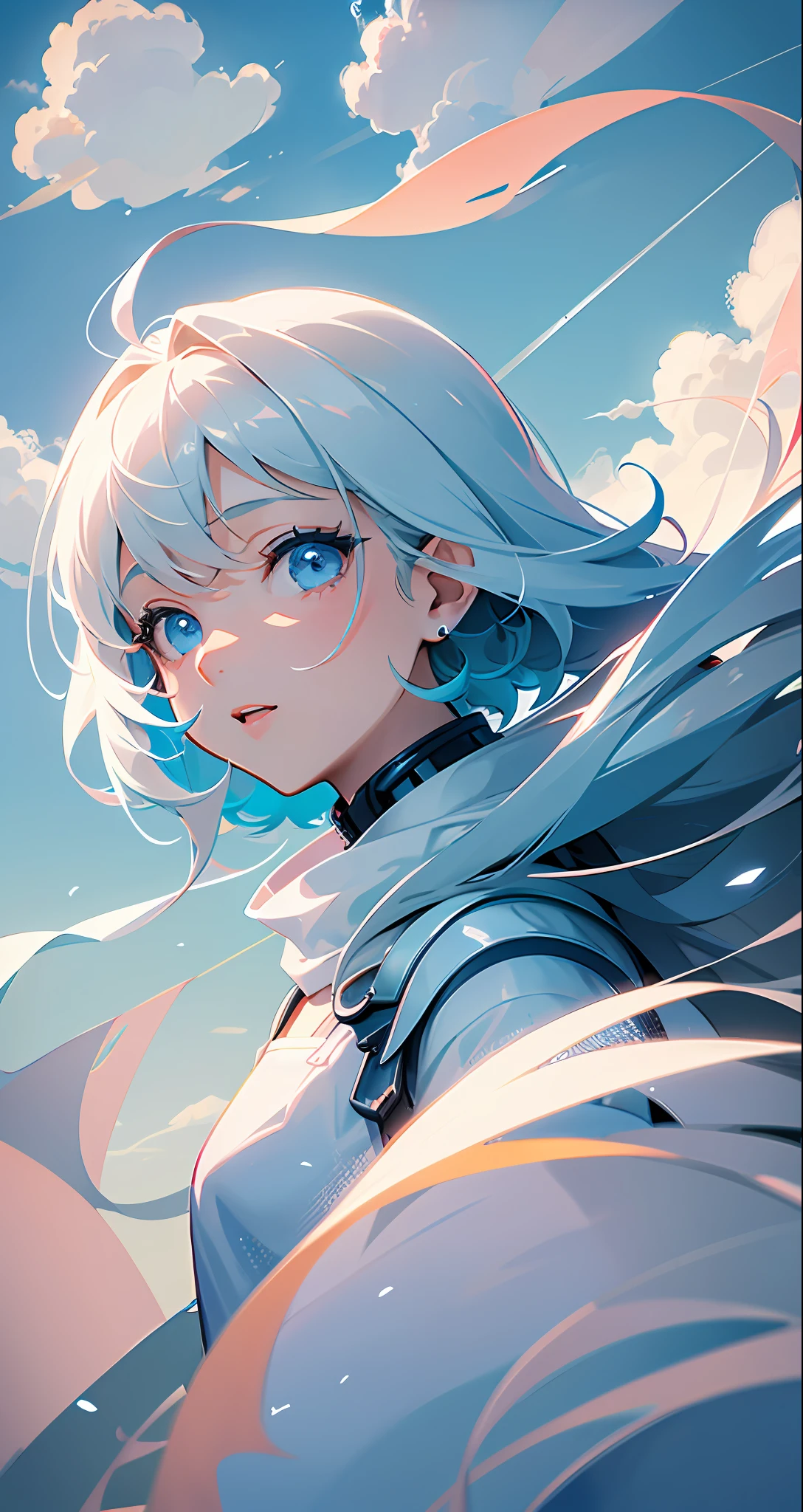 masterpiece, best quality, movie still, 1girl, floating in the sky, cloud girl, cloud, (close-up:1.1), bright, happy, fun, soft lighting, (Bauhaus, shapes, lines, abstract:1.1)