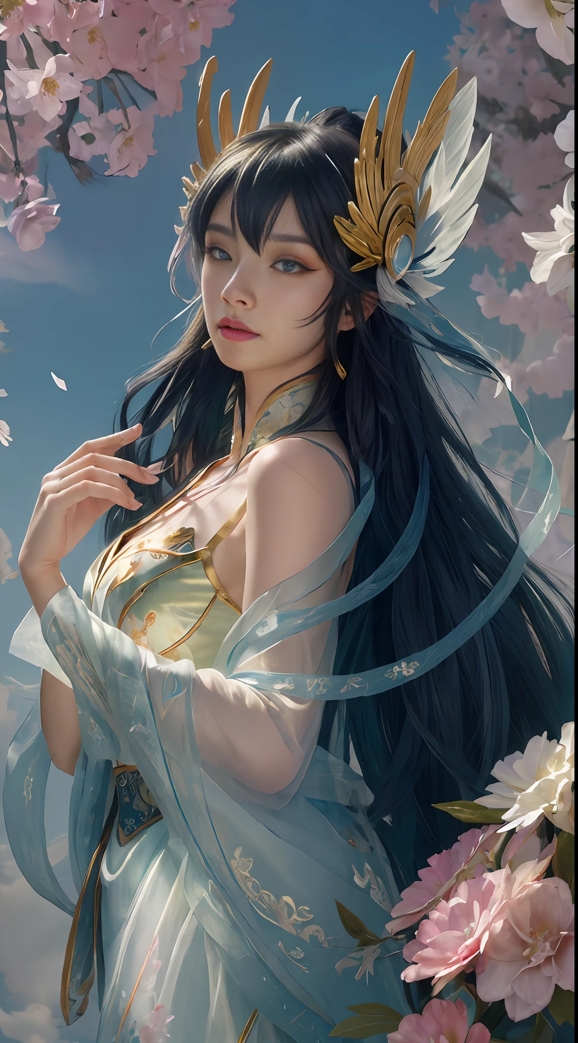 (Masterpiece:1.5), illustration, 4K, 8K, (High quality:1.1),fairy, highly detailed, detailed face, HDR, bright colors, natural lighting, pretty eyes, beautiful face, 1 girl, solo, chinese lantern, chinoiserie, chinese architecture, paper cut fairy irelia, myth maker irelia, long hair, multicolored hair, hair accessories, face markers, white hair, green eyes, bangs, jewelry, gradient hair, (ribbon), (throwing knife)), magic background, flowers, flowers, flowers,