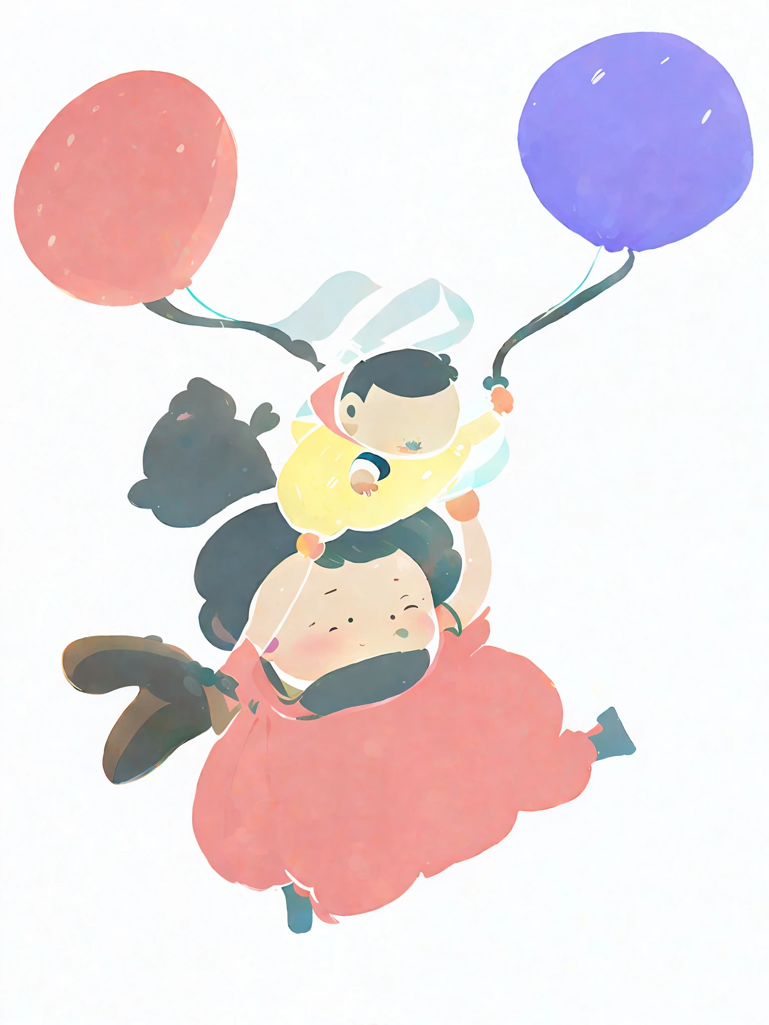 A girl pulls a , babyds a balloon in his hand, Laurie Grace style, Studio Ghibli, Akira Toriyama, James Gilad, Genshin Influence, popular pixiv fanbox, acrylic palette knife, 4K, bright colors, deviantart, trends on artstation, low detail.