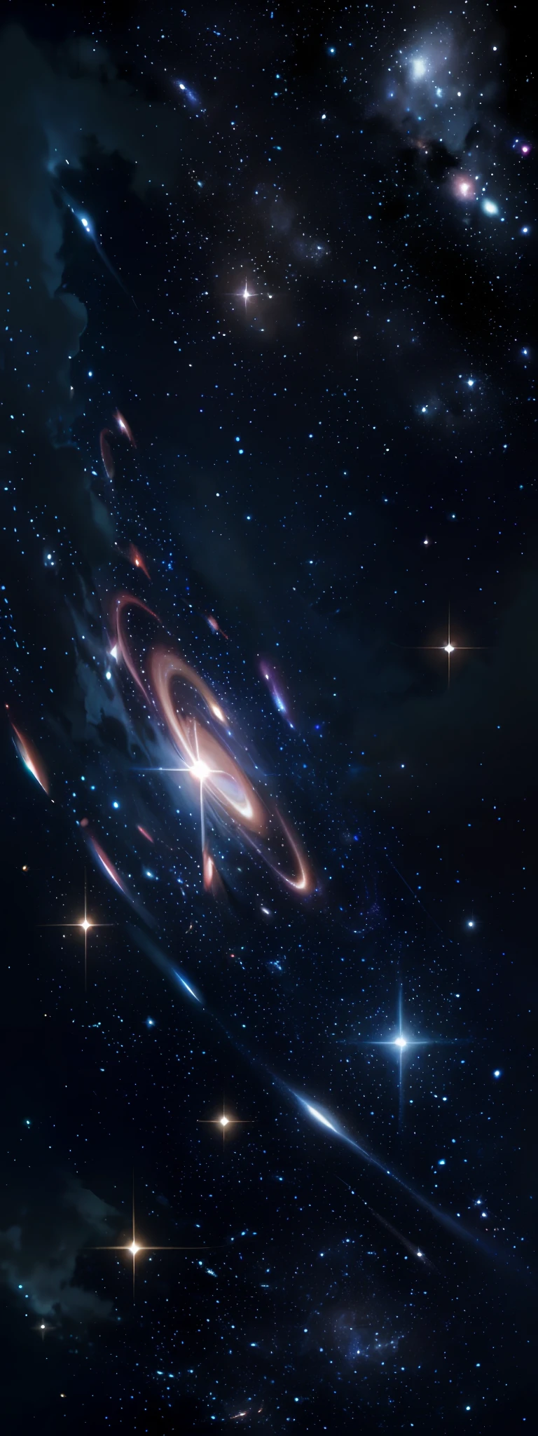 Astrophotography of the universe taken by the Hubble telescope and enhanced with Photoshop. Numerous galaxies, both grand and compact, adorn the vast expanse. Countless stars twinkle amidst the predominantly ebony backdrop. Photography, captured with a high-end DSLR camera, utilizing a wide-angle lens,