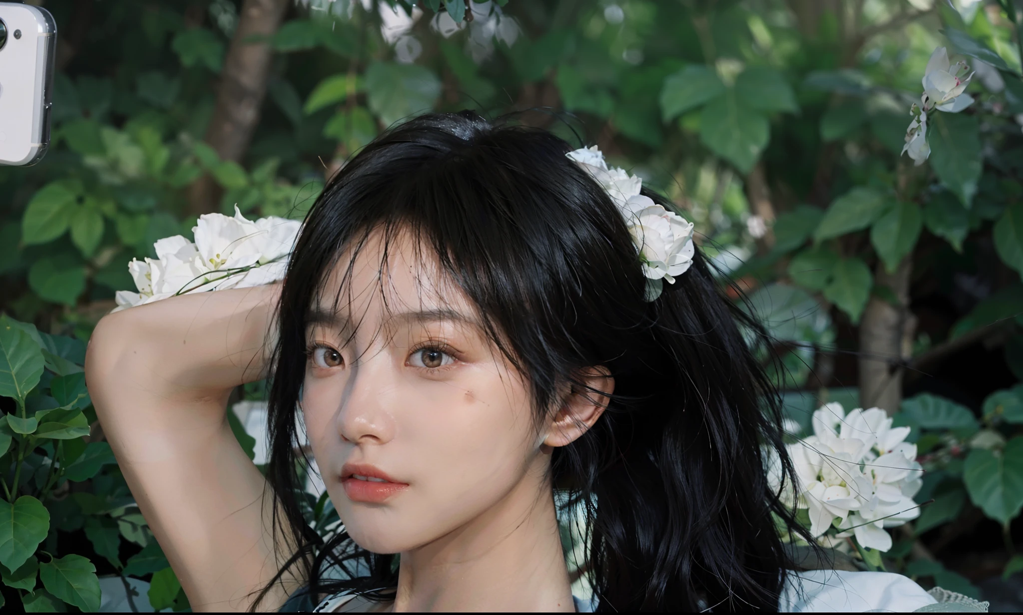 8K, Best Quality, Masterpiece, Ultra High Resolution, (Realism: 1.4), Original Photo, (True Skin Texture: 1.3), (Film Grain: 1.3), (Selfie Angle), 1 Girl, Beautiful Eyes and Face Details, Masterpiece, Best Quality, Close Up, Upper Body, Good Eyes, Good Nose, Glowing Eyes, Aqua Eyes