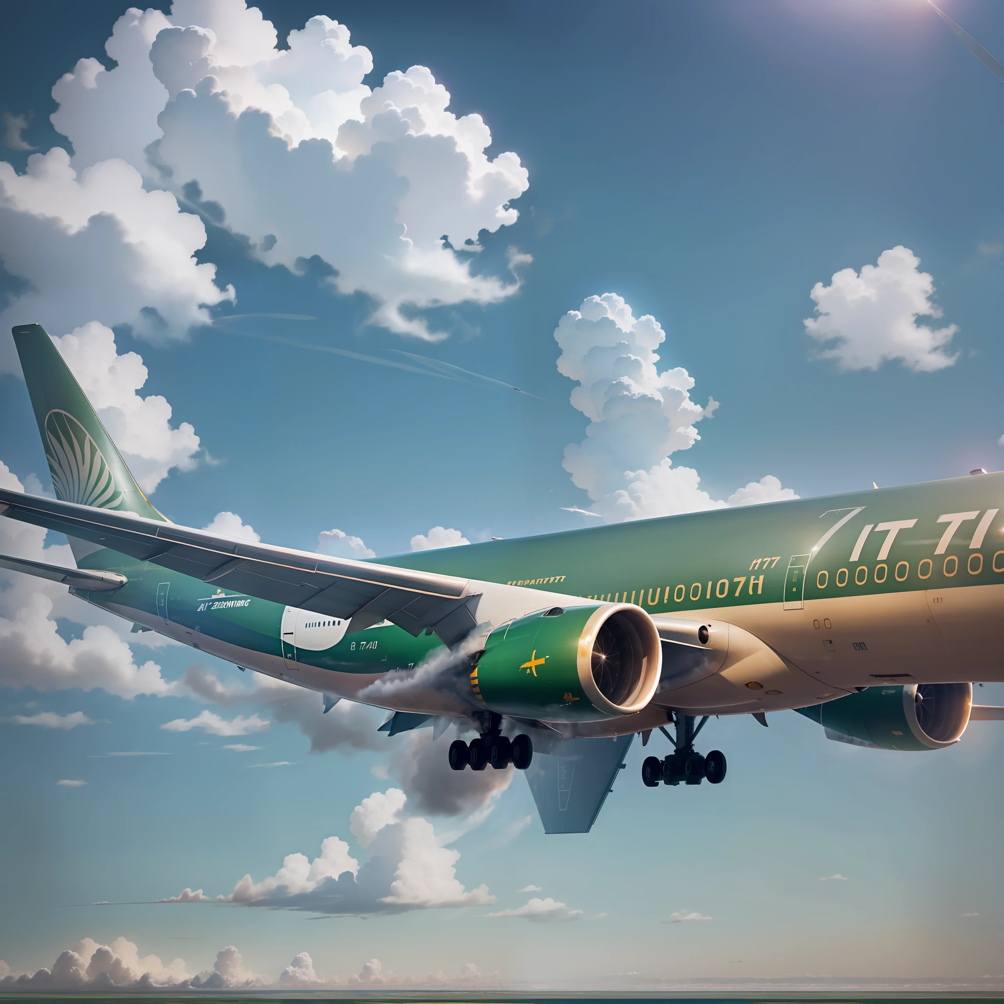 A Boeing 777 airliner, with a green vertical tail and two Pratt & Whitney engines, is taking off from the runway