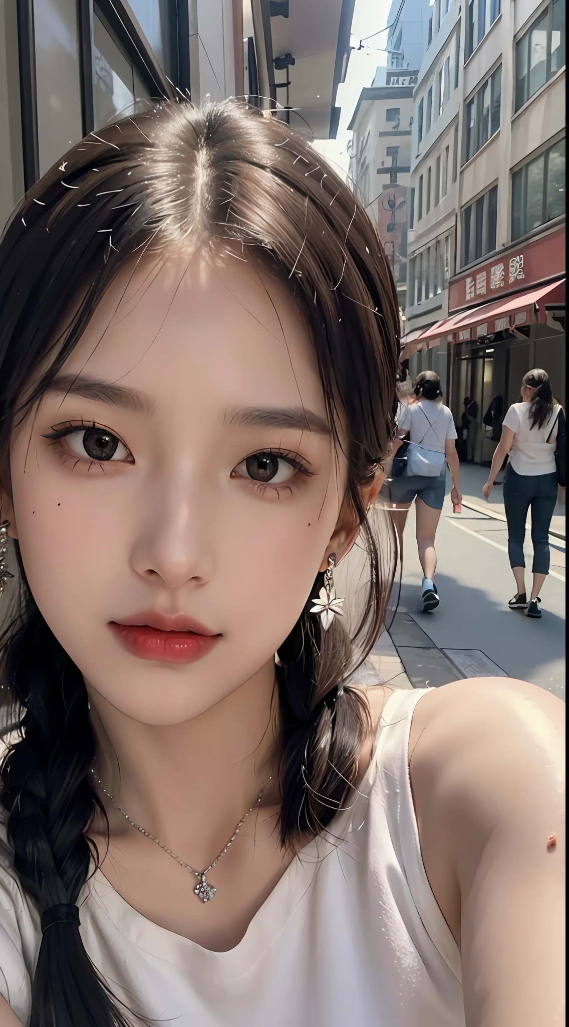 (Masterpiece), best quality, 8K resolution, a beautiful girl, wearing a sports vest, with a necklace, a beauty mole under the corner of the left eye, perfect figure, ((beautiful detailed face)), black hair (ponytail), delicate makeup, red lips, shiny lips, long eyelashes, with silver earrings, bright big eyes, eye shadow, lying silkworm, movie lighting, cute girl, master works, high detail, colorful picture, light and shadow details, extremely delicate beautiful girl, supple fair skin, delicate facial features, perfect face, stunning beauty, extreme details, realistic details, selfie with mobile phone, on the streets of the city