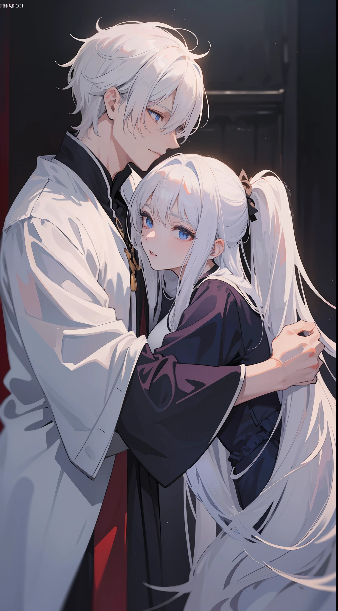 1man, sharp blue eyes with sharp pupils, white sharp hair and he was wearing black noble robes and, intimate hug and going to kiss with his lovely wife ((41 year old face))