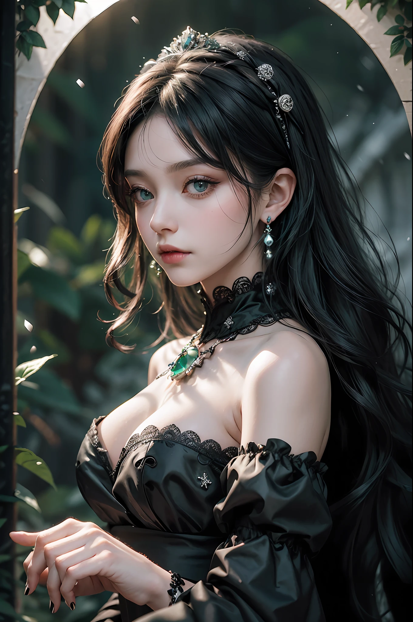 a woman in black victorian dress,robes,skull trinkets,dark roses, green topaz eyes, various fashionable hairstyle, makeup:0.4, (earing,neckleace), princess thing, snow forest background, snowfall, delicate eyes, large-breasted, cinematic lighting, ultra hi-res photograph, (masterpiece,top quality,realistic),