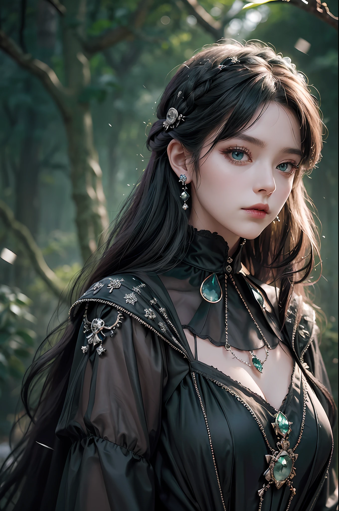 a woman in black victorian dress,robes,skull trinkets,dark roses, green topaz eyes, various fashionable hairstyle, makeup:0.4, (earing,neckleace), princess thing, snow forest background, snowfall, delicate eyes, large-breasted, cinematic lighting, ultra hi-res photograph, (masterpiece,top quality,realistic),