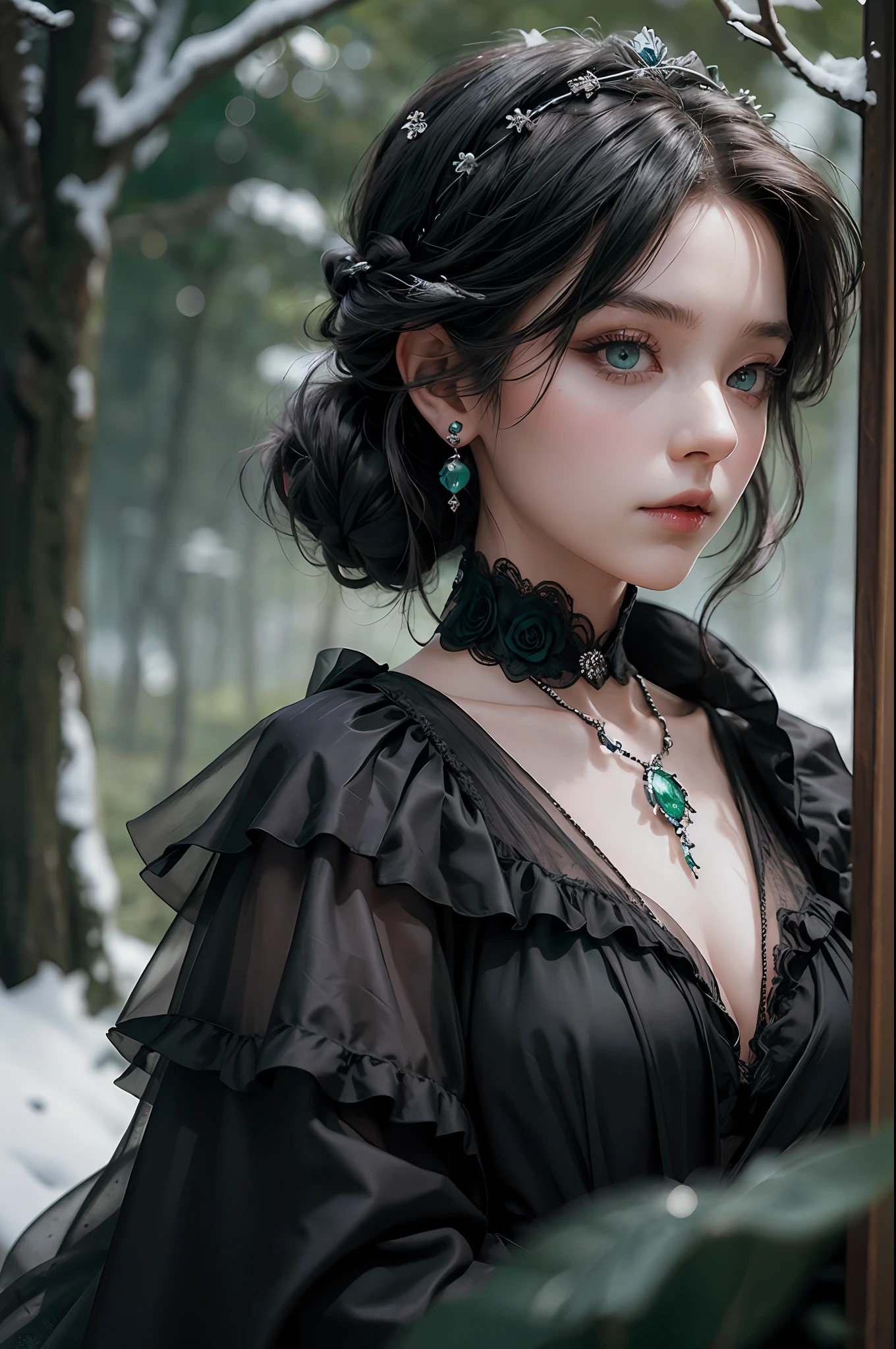 a woman in black victorian dress,robes,skull trinkets,dark roses, green topaz eyes, various fashionable hairstyle, makeup:0.4, (earing,neckleace), princess thing, snow forest background, snowfall, delicate eyes, large-breasted, cinematic lighting, ultra hi-res photograph, (masterpiece,top quality,realistic),