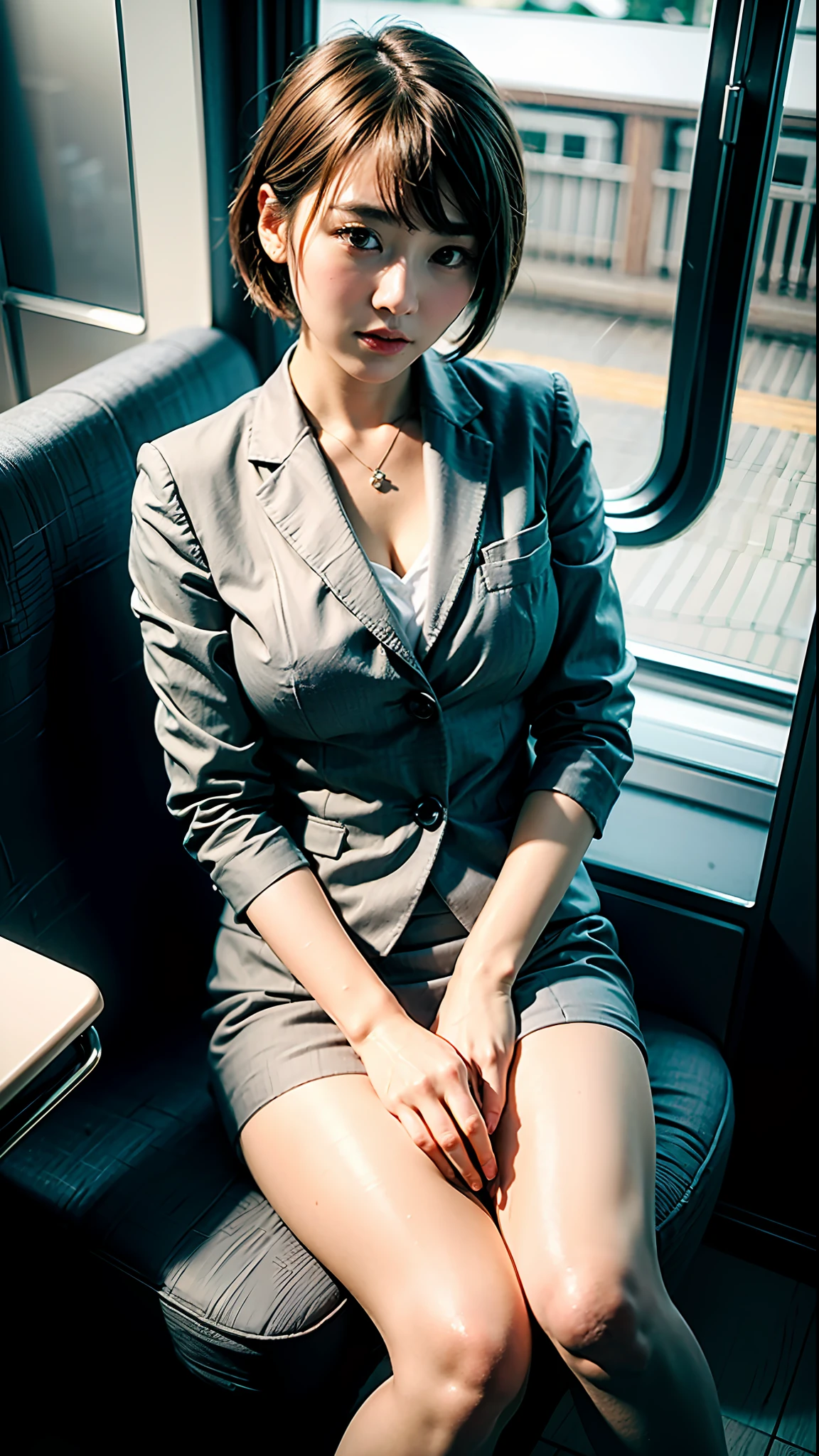 (Best quality, 8k, 32k, Masterpiece, UHD:1.2),(Photo of Pretty Japanese woman:1.1), short hair,medium breasts, grey suit,midi skirt,white dress shirt,in the train,sitting seat,from above