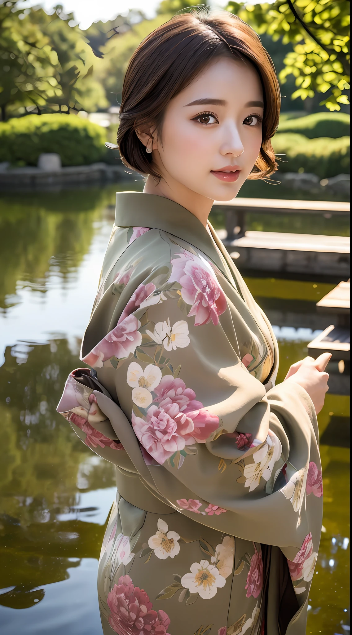 (Best Quality, 8k, 32k, Masterpiece, UHD: 1.2), Cute Japan Woman Pictures, 1 Girl, Kimono, Big: 1.2, (Lips), (Medium Short Dark Brown Hair), Realistic Rays, Pond