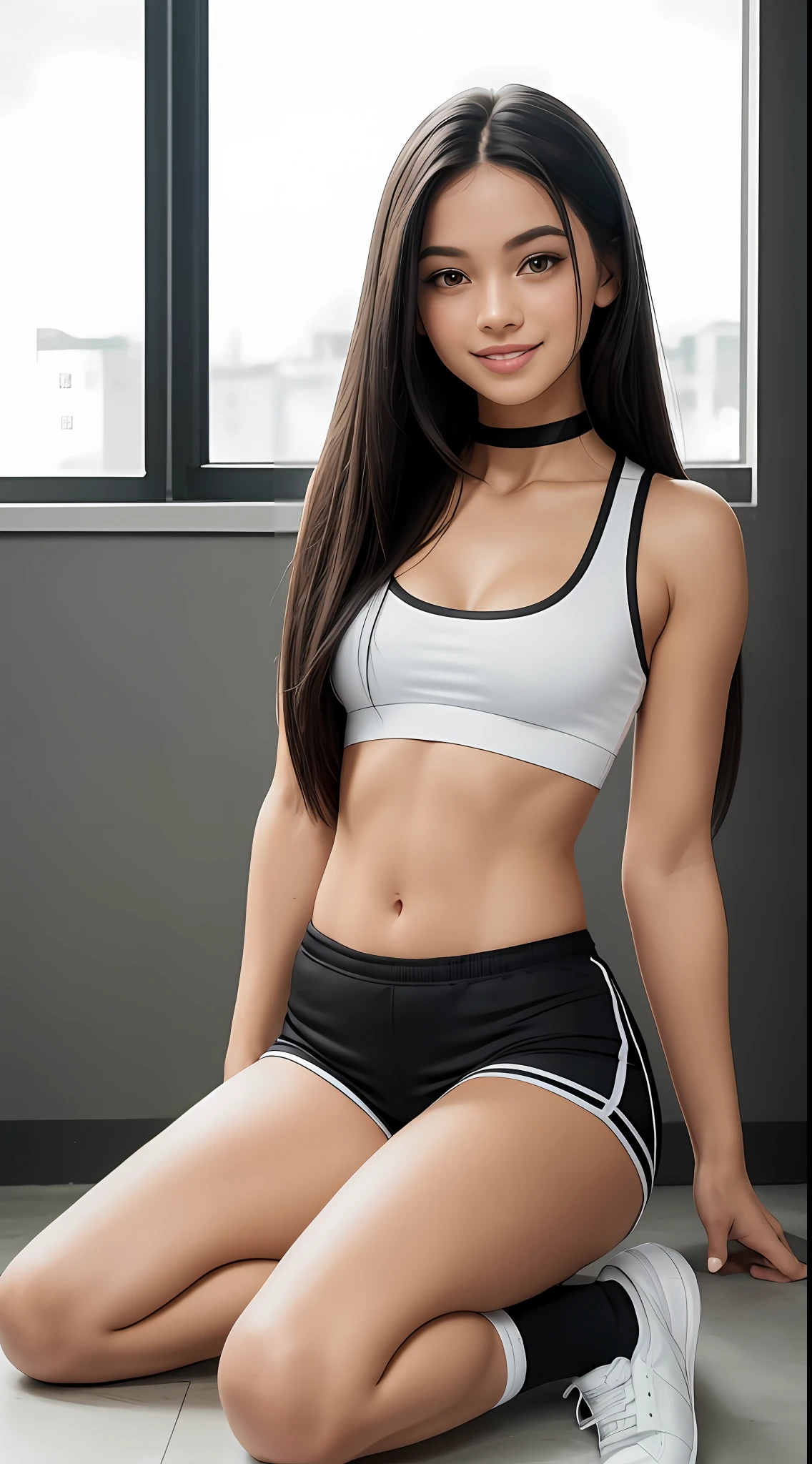 beauty, small, sportswear, constriction, muscle, black hair smooth straight long hair, beautiful legs, smile, makeup firm, double, double teeth, natural light, bright room, white bright room, groin, constriction, shorts, sneakers, socks, sexy, beauty, alone, choker, short stature, small and cute, adorable, young, cute