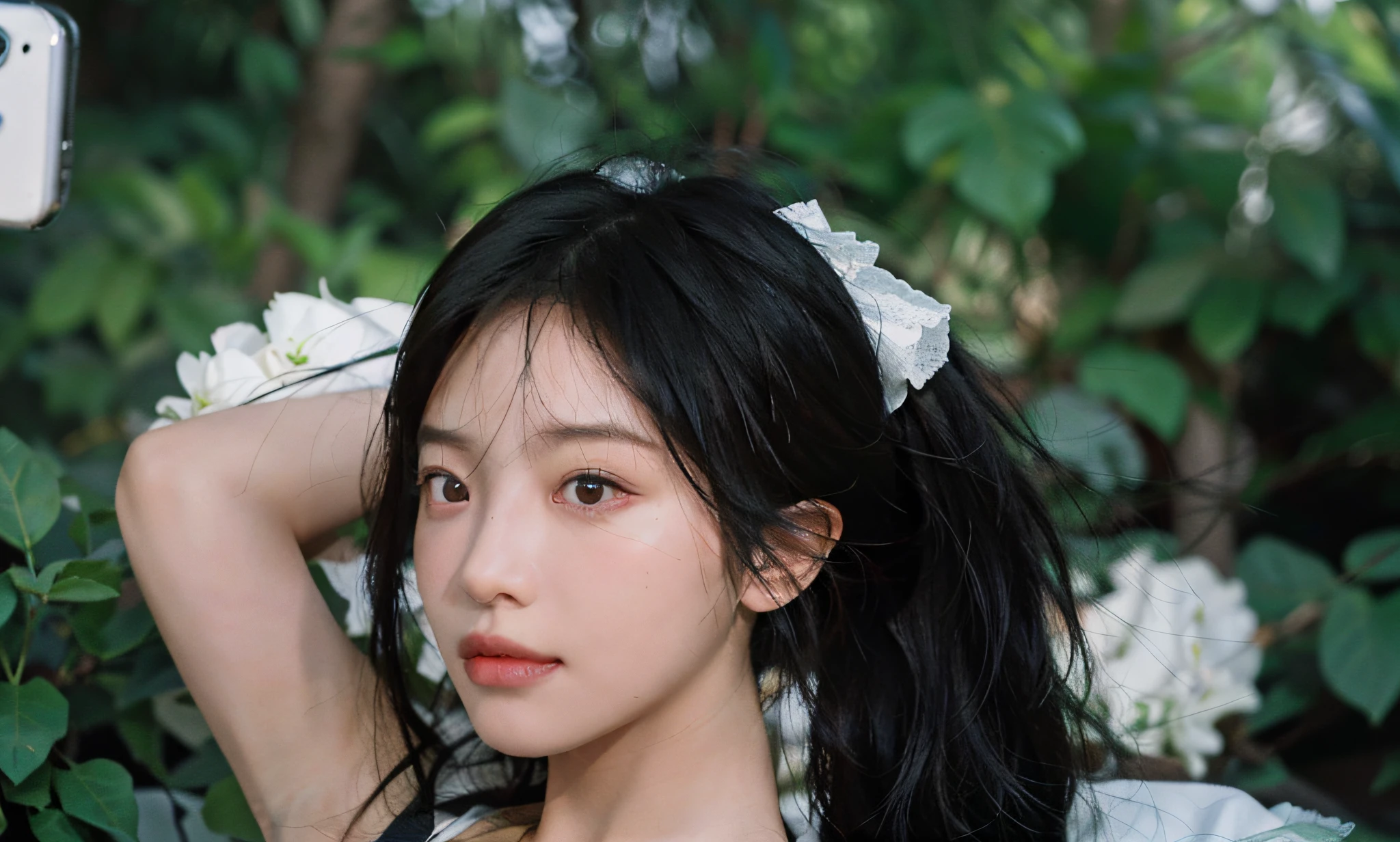 8K, Best Quality, Masterpiece, Ultra High Resolution, (Realism: 1.4), Original Photo, (True Skin Texture: 1.3), (Film Grain: 1.3), (Selfie Angle), 1 Girl, Beautiful Eyes and Face Details, Masterpiece, Best Quality, Close Up, Upper Body, Good Eyes, Good Nose, Glowing Eyes, Aqua Eyes