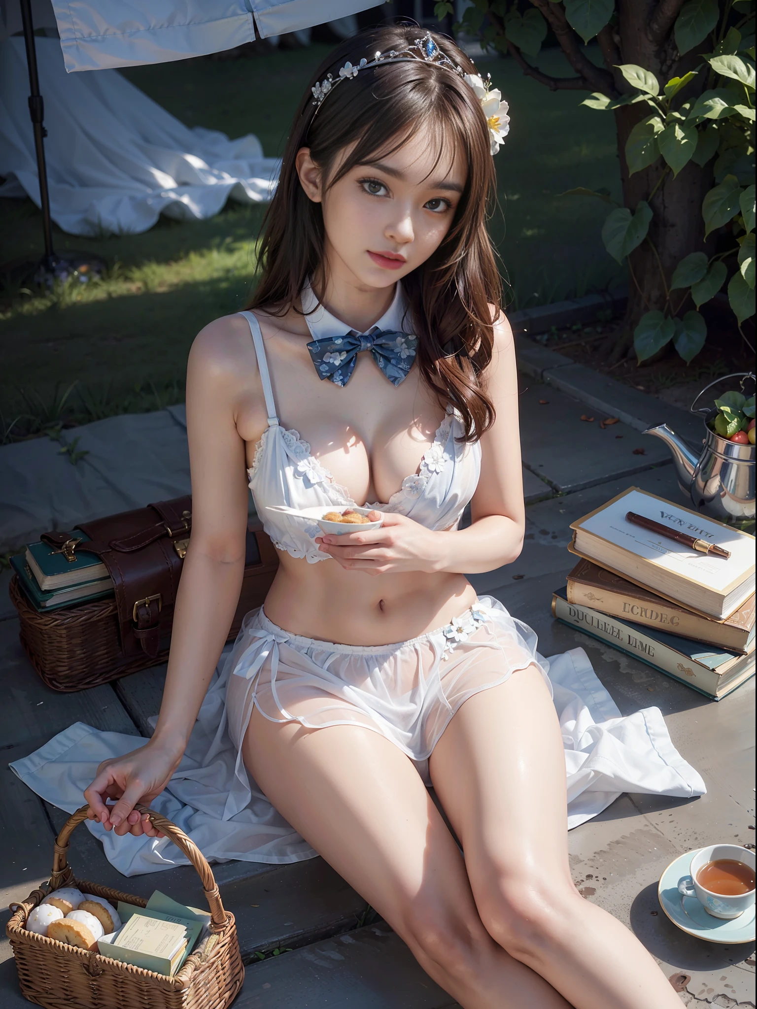 Dressed, (Photorealistic: 1.4), (Hyperrealistic: 1.4), (Realistic: 1.3), (Smooth Lighting: 1.05), (Improved Cinematic Lighting: 0.9), 32K, 1 girl, 20 year old adult woman, bright spring morning natural light, backlit, face light, ray tracking, (Bright light: 1.2), (Quality improvement: 1.4), (Top quality realistic textured skin: 1.4), fine detailed eyes, detailed face, fine quality eyes, brown eyes, (tired, sleepy and satisfied: 0.0), tiara with hair, bow tie, underwear, dark blue bra with white floral pattern, dark blue panties with white floral pattern, one woman in Japan with a faint smile, full body, pure white smooth and shiny silk material socks, sitting with sheets on the grass, Basket with fruits and flowers, tea set, cake and cookies, books, leather bag, green glass bottle with water, background blurred white