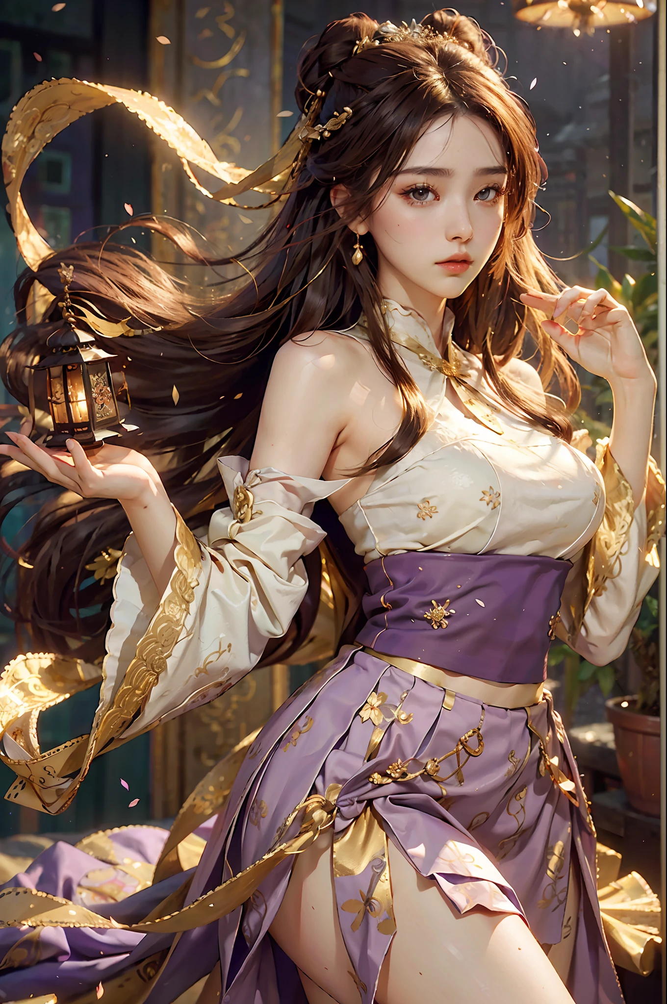 Superb Quality, Masterpiece, High Resolution, (Exquisite Body: 1.5), Beauty, Bare Shoulders, Oversized Breasts (2.5) Wide Buttocks, Thin Waist, Stunning Beauty, (Milky Skin: 1.3), Exquisite Details, High Resolution, Wallpaper, 1 Woman, Solo, Dress, Hair Accessories, (((Golden Purple Skirt)), Flower, Long Hair, Brown Hair, Shut Up, Accessories, Long Sleeves, Raised Hands, Wide Sleeves, Big Eyes, Flowing Hair, Hanfu, Hanfu, Embroidery, Long Dress, Natural Pose, Falling Petals, Indoor, Fanning, Lantern, 16K, HDR, High resolution, depth of field, (film grain: 1.1), Bocon, prime time, (lens flare), vignetting, rainbow, (color grading: 1.5)