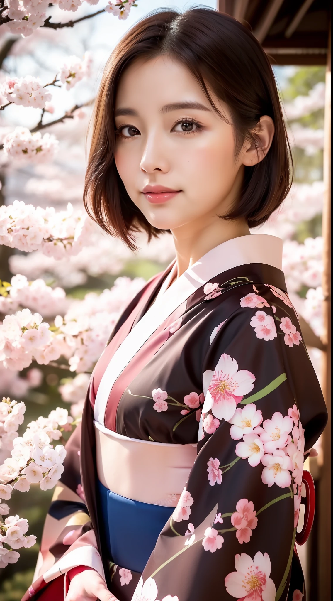 (Top Quality, 8k, 32k, Masterpiece, UHD: 1.2), Cute Japan Woman Pictures, 1 Girl, (Kimono, Cherry Blossom Pattern), Big: 1.2, (Lips), (Medium Short Dark Brown Hair), Realistic Rays, Tokyo