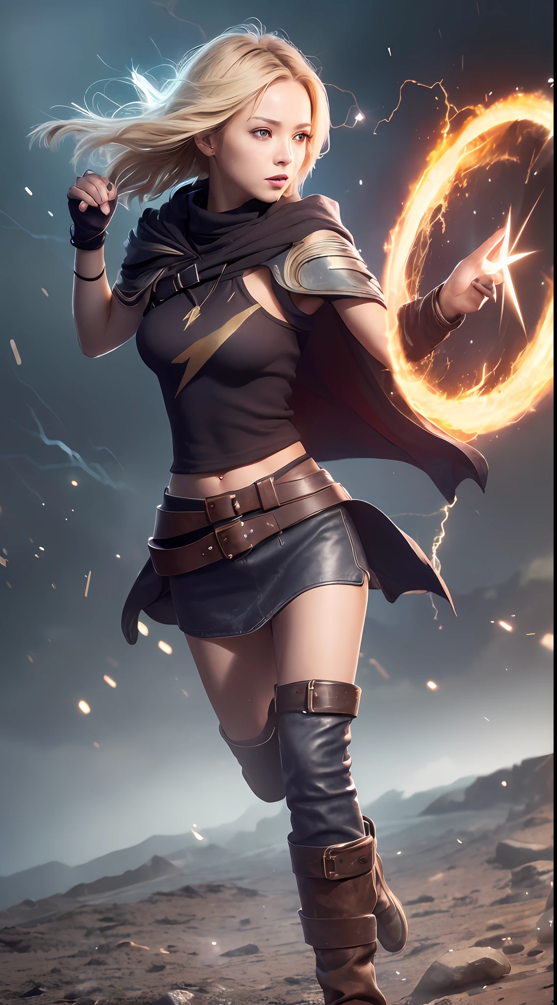(One Shoulder Bare: 1.5), [Yang Mi: Liu Shishi: 0.4], Full Body Shot, (Skindentation:1.5), Realistic, Happy Smiling, (Masterpiece:1.5), Concept Art, Intricate Detail, Highly Detailed, Realistic, Octane Rendering, 8K, Unreal Engine, Dynamic Pose, Best Quality, High Resolution, (Realistic Face:1.1), (Hyper-Realism: 1.1), ( (full_body)), Perfect Eyes, (Shiny Skin: 1.2), ((Short Hair)), (Perfect Hands))), (Very Detailed Background), ((Dynamic Background), ((Lightning), (Lightning), (1girl)), Wearing Cloak, ((((Flow Cloak))), ((Detailed Eyes, High Quality Eyes, High Quality Face)),,(Wearing Long Boots, Cocking Hips), Casting Lightning, Electricity, Rotating Flame, Radiant Force, Spark, Smoke, Magic, ((dramatic)), epic, battlefield, depth of field, bokeh, 4k, gothic, ash, particles