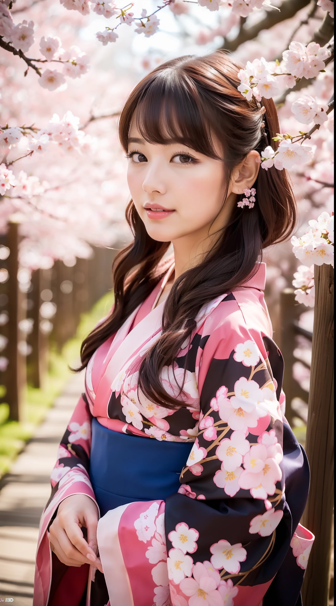 (Top Quality, 8k, 32k, Masterpiece, UHD: 1.2), Cute Japan Woman Pictures, 1 Girl, (Kimono, Cherry Blossom Pattern), Big: 1.2, (Lips), (Medium Short Dark Brown Hair), Realistic Rays, Tokyo