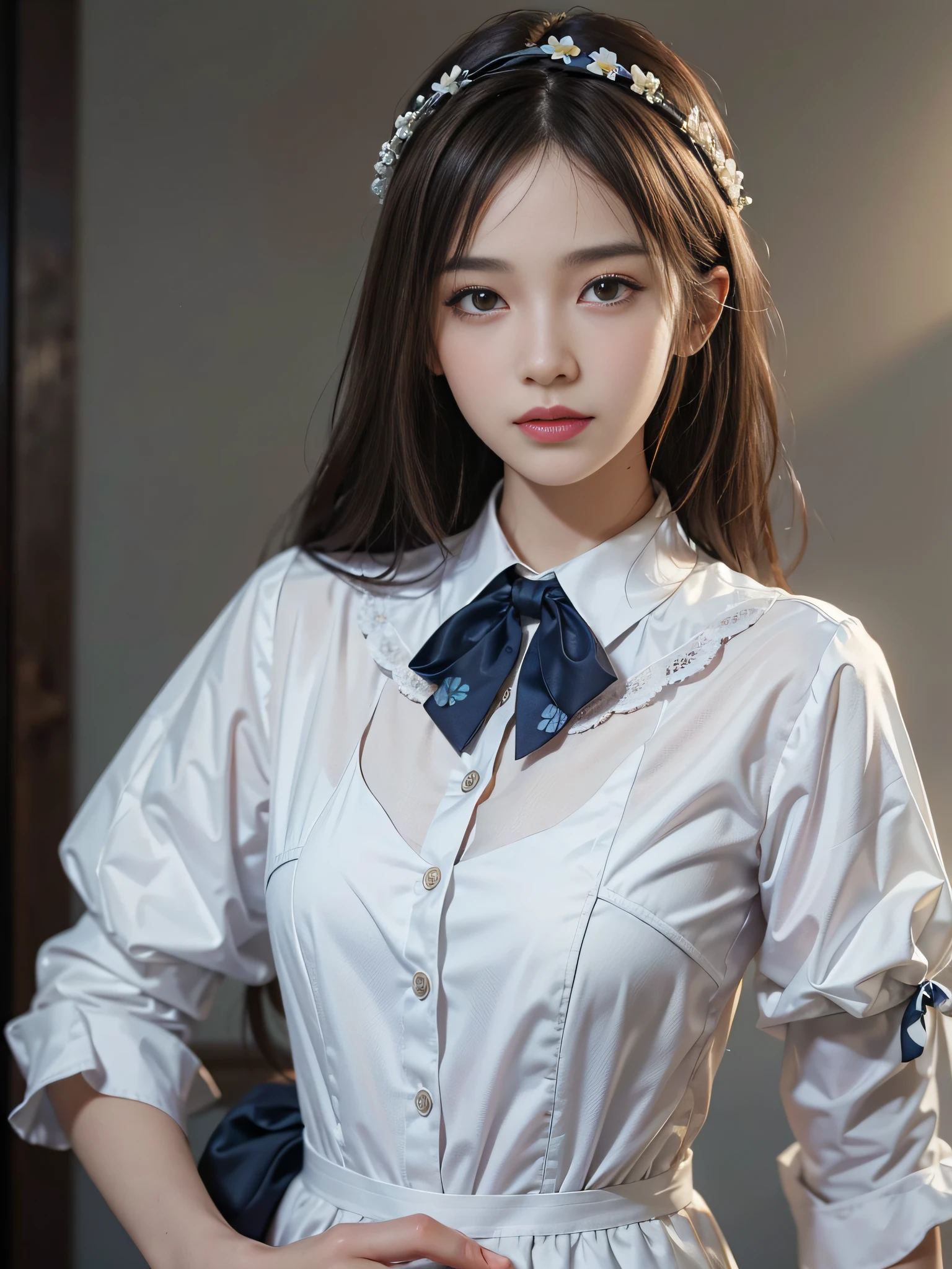 A close up of a woman wearing a white shirt and a blue bow tie - SeaArt AI