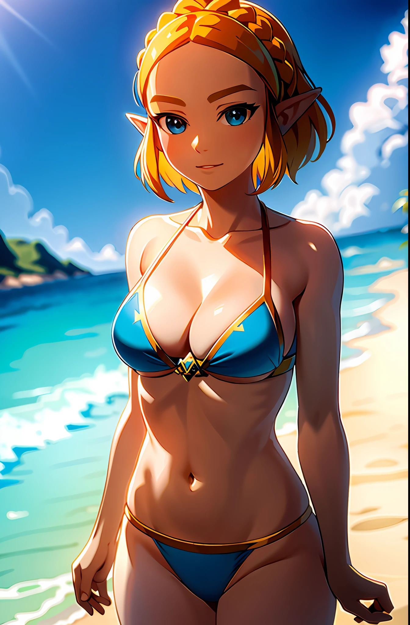 masterpiece,best quality,zelda\(princess\), 1girl, solo, large breasts,short_hair, two piece bikini, micro bikini, cleavage