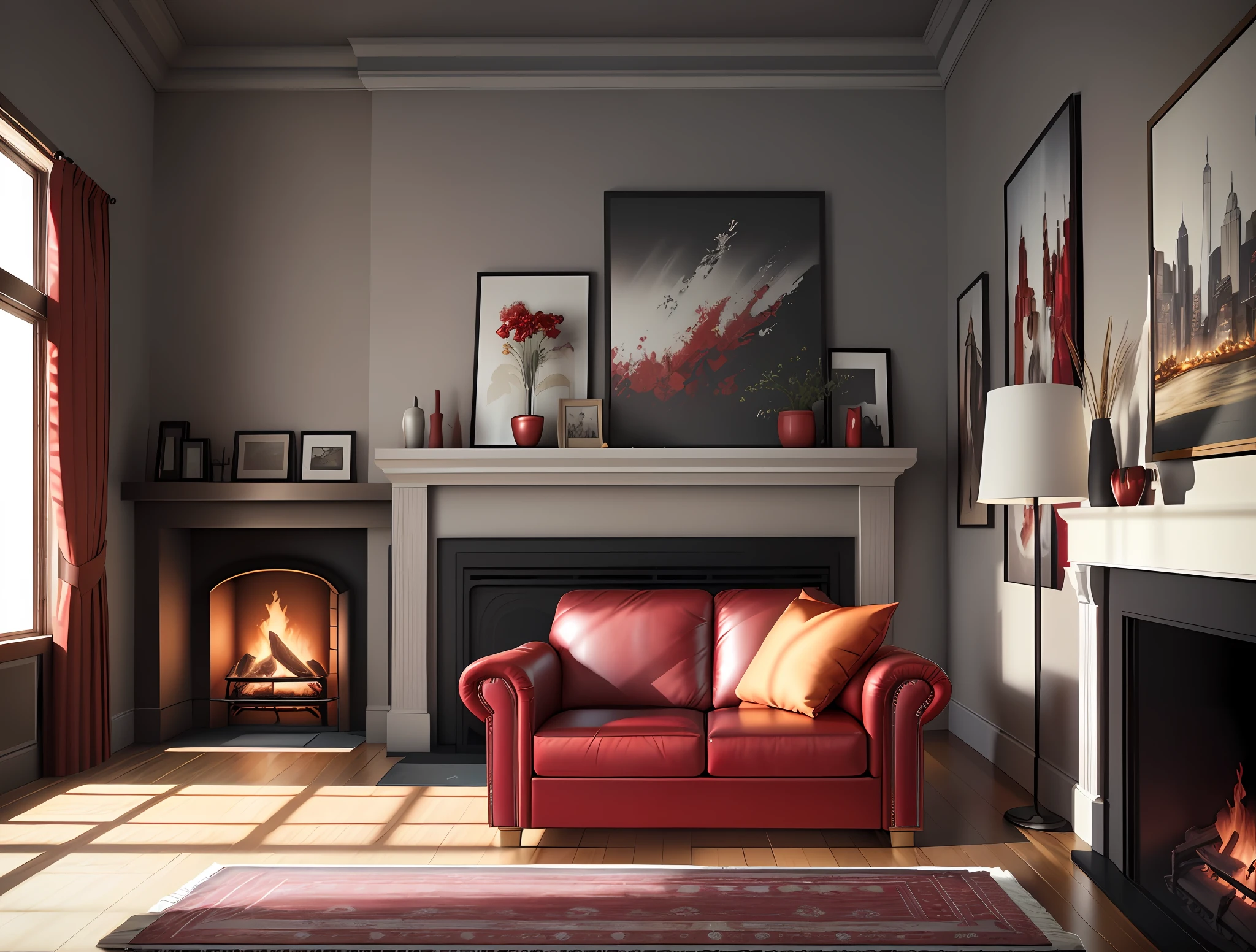 there is a red couch in a living room with a fireplace, realistic afternoon lighting, photorealistic cinematic render, detailed archviz render, rendered in lumion pro, photorealistic room, vibrant volumetric natural light, rendered in unreal 5, hyper photorealistic raytracing, 4 k photorender realityengine, rendered in unreal engine 4 k hq