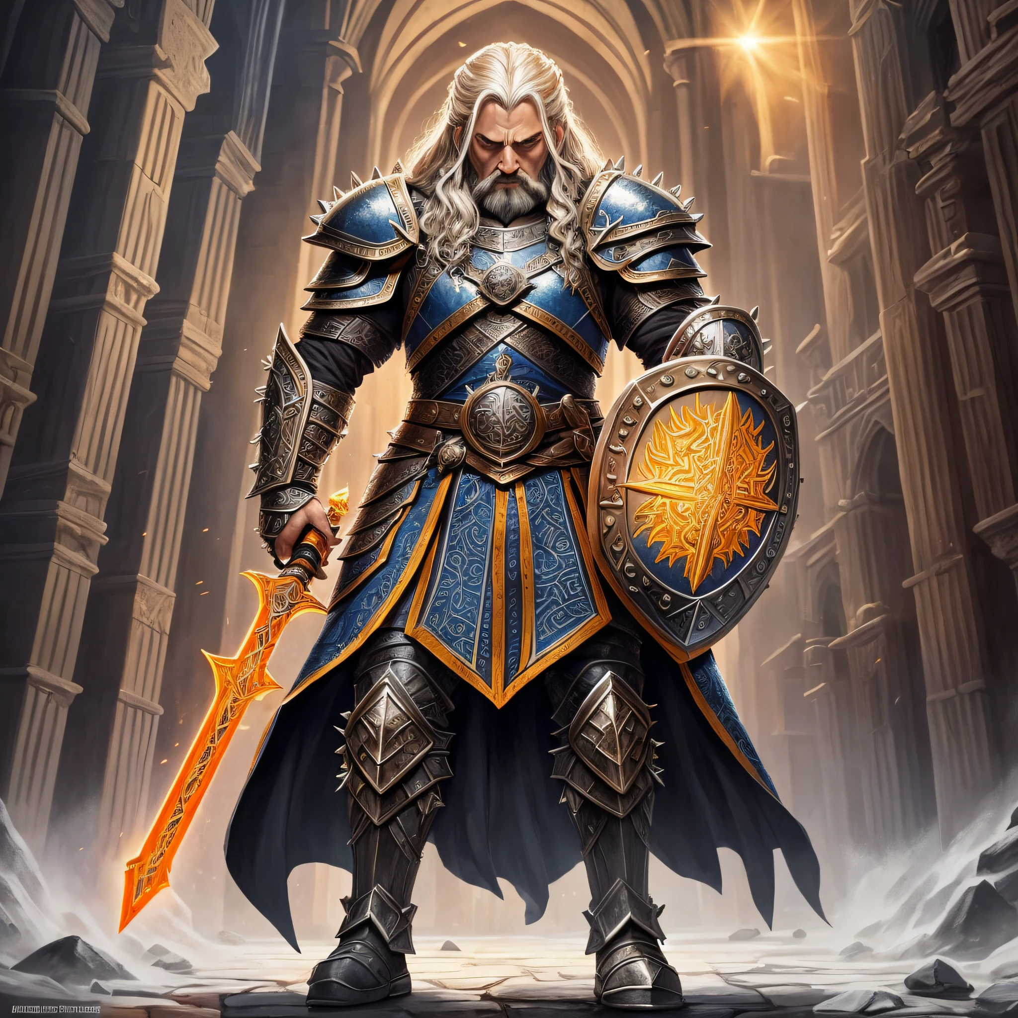 D&D art Full body, (Masterpiece, best quality). male, dwarf (Masterpiece, best quality). Cleric, (Masterpiece, best quality) , with a long, braided blond hair, blue eyes, (Masterpiece, best quality). Armed in the right hand with a yellow, radiant sword, with dwarven runes on it (Masterpiece, intense details). Holding a shield in the left hand (Masterpiece, intense details). Wearing heavy black armor with spikes and shield (Masterpiece, intense details). Donning bellowing orange cloak with sun sigils (Masterpiece, intense details) with a cathedral background at dawn(Masterpiece, intense details) --auto --s2