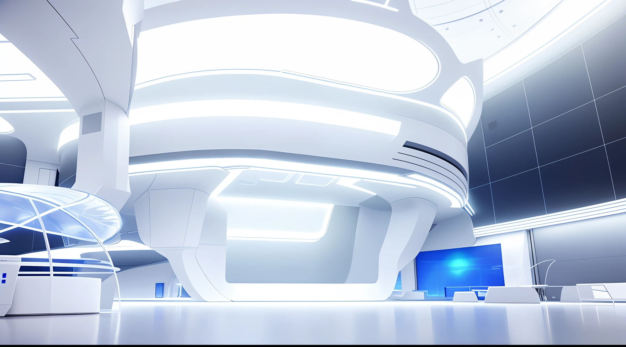 There is a room with a large screen, white ground, futuristic hall, virtual metaverse room, standing in a futuristic laboratory, in the background is a low-light museum, museum diffuse lighting, a crystal room, futuristic room inside a science facility, sci-fi room, futuristic laboratory, future government conference hall, future environment