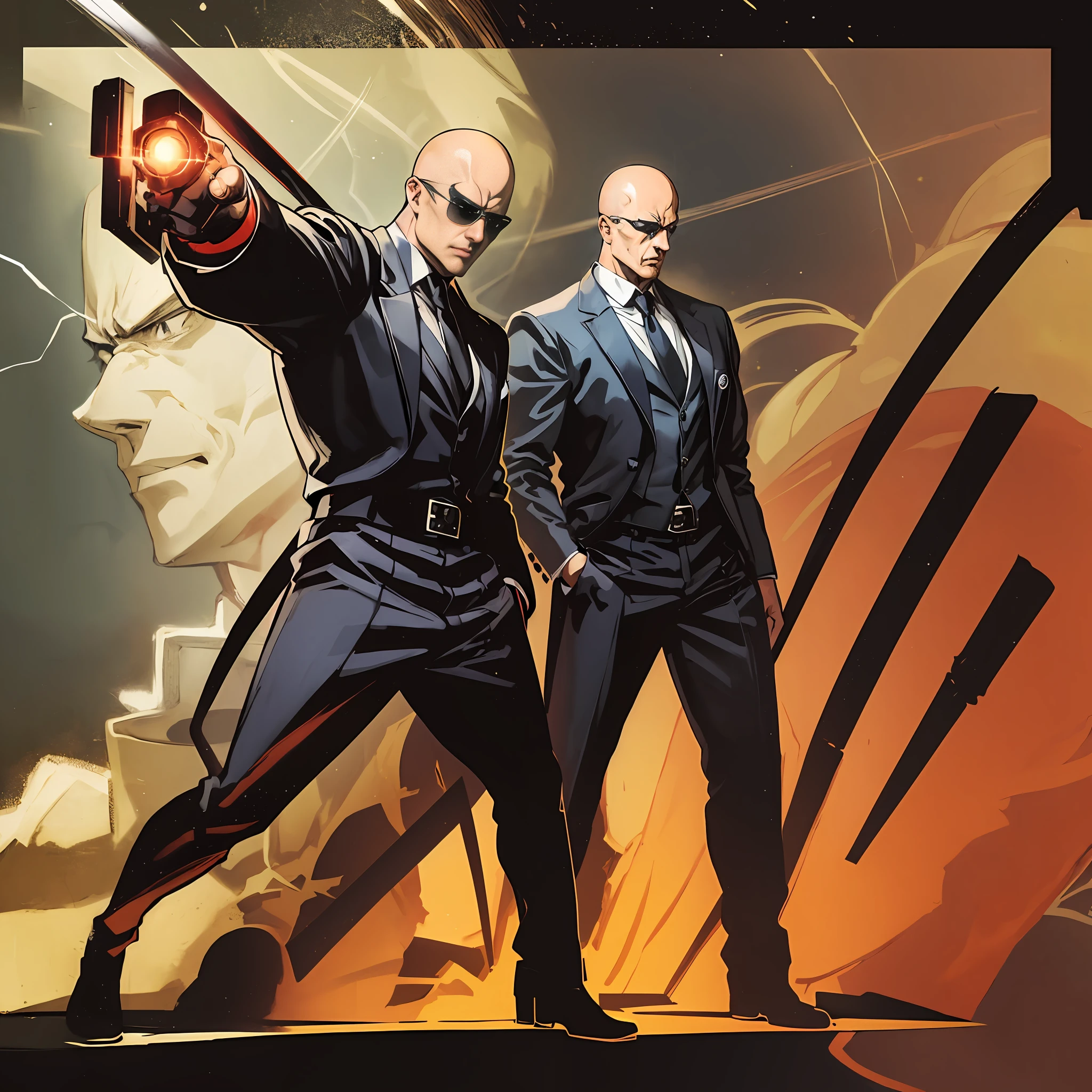 Masterpiece, manga master work, great anime, a strong underworld man, gangster movie bodyguard in sunglasses, bald head, wearing a black silk suit, standing all black under the stars of the empty night, standing in full body posture, shooting action, tall, mighty, detailed body part details, side full body, 8k wallpaper