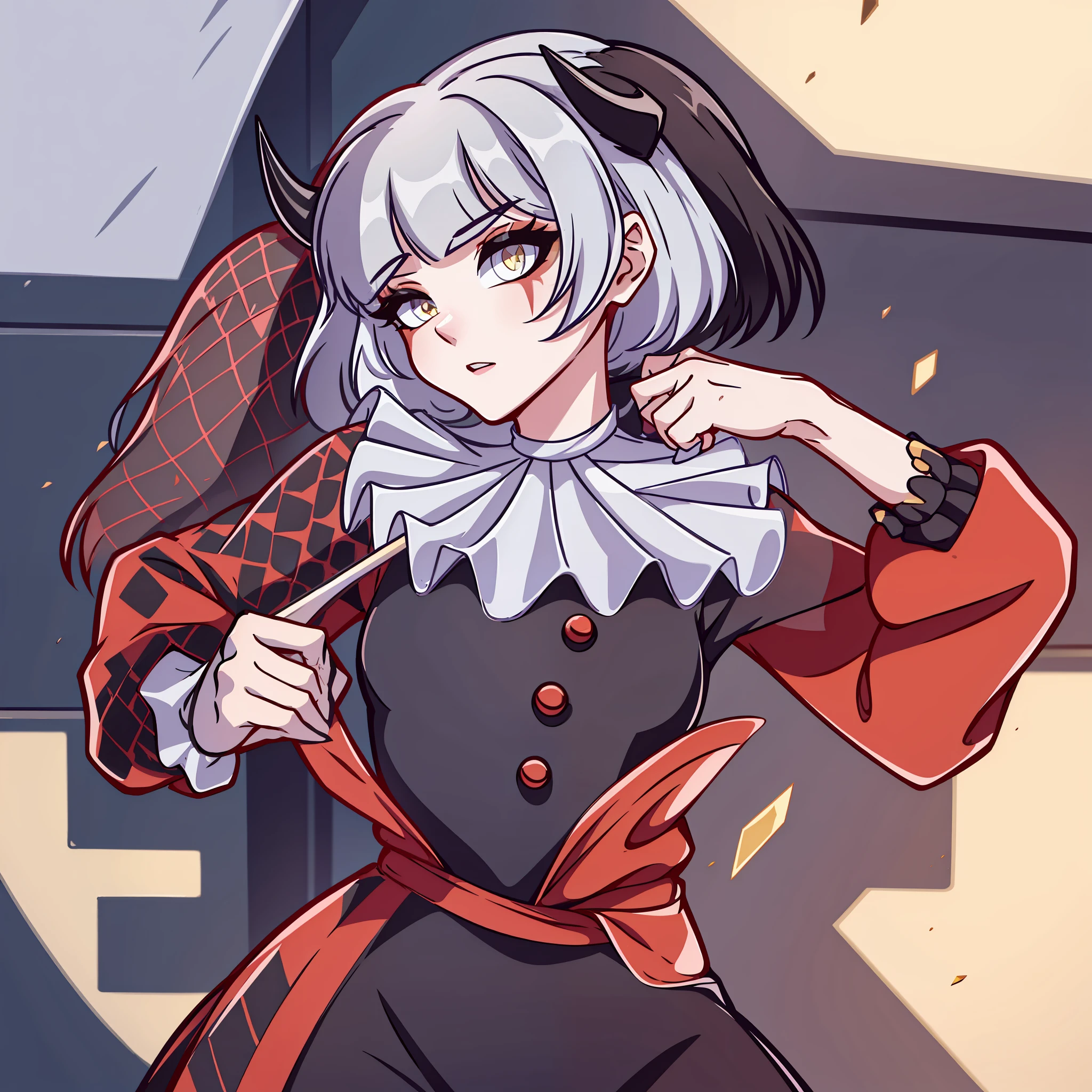 Best quality: 1.0), (Super High Resolution: 1.0), extremely detailed character, extremely detailed hand, half-dragon girl, horns, scales on the neck, scales on the shoulders, scales on the forearm, scales on the cheek, extremely detailed hair, short hair, white hair, black locks, extremely detailed eyes, yellow eyes, cat eyes, 2d, tomboy girl, anime art