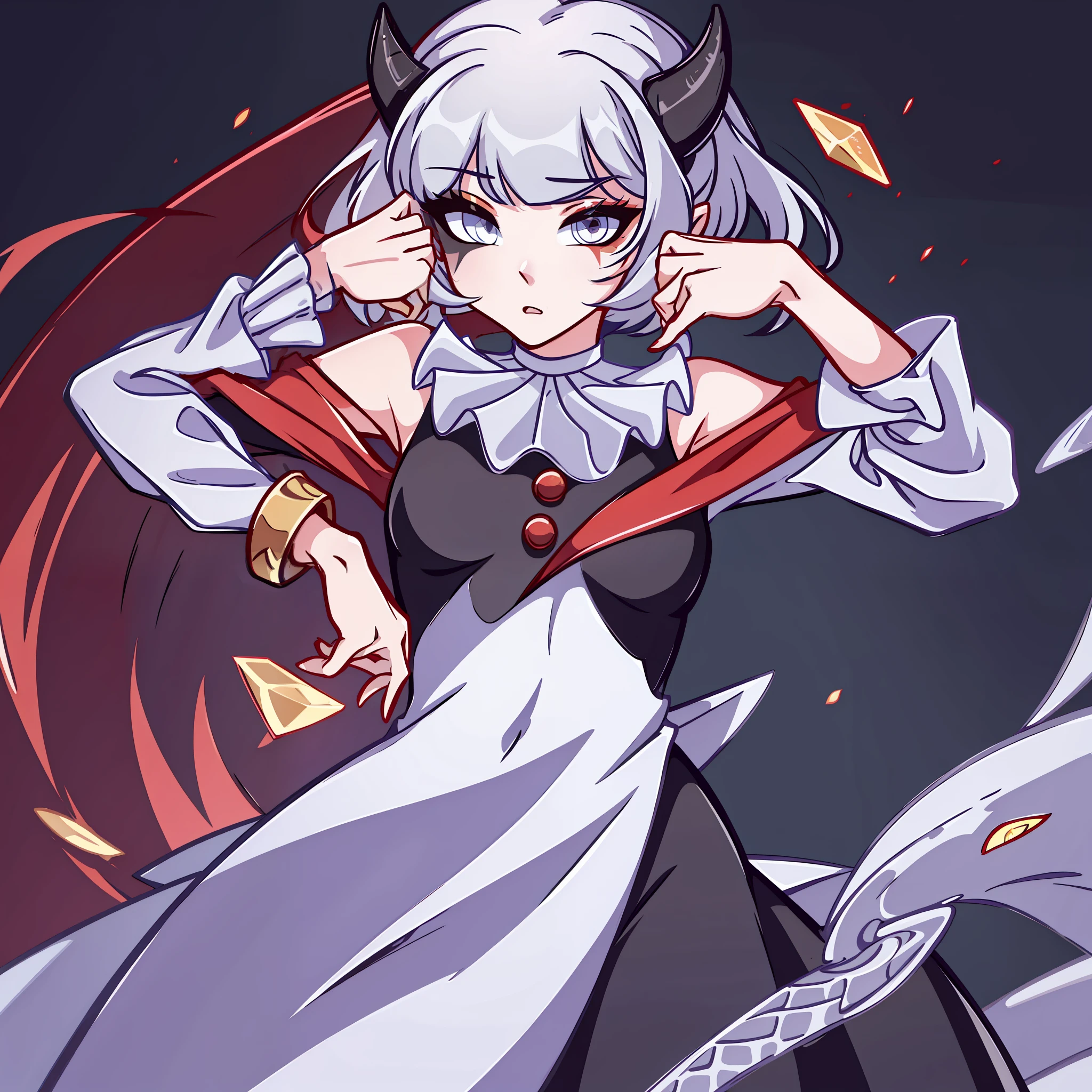 Best quality: 1.0), (Super High Resolution: 1.0), extremely detailed character, extremely detailed hand, half-dragon girl, horns, scales on the neck, scales on the shoulders, scales on the forearm, scales on the cheek, extremely detailed hair, short hair, white hair, black locks, extremely detailed eyes, yellow eyes, cat eyes, 2d, tomboy girl, anime art