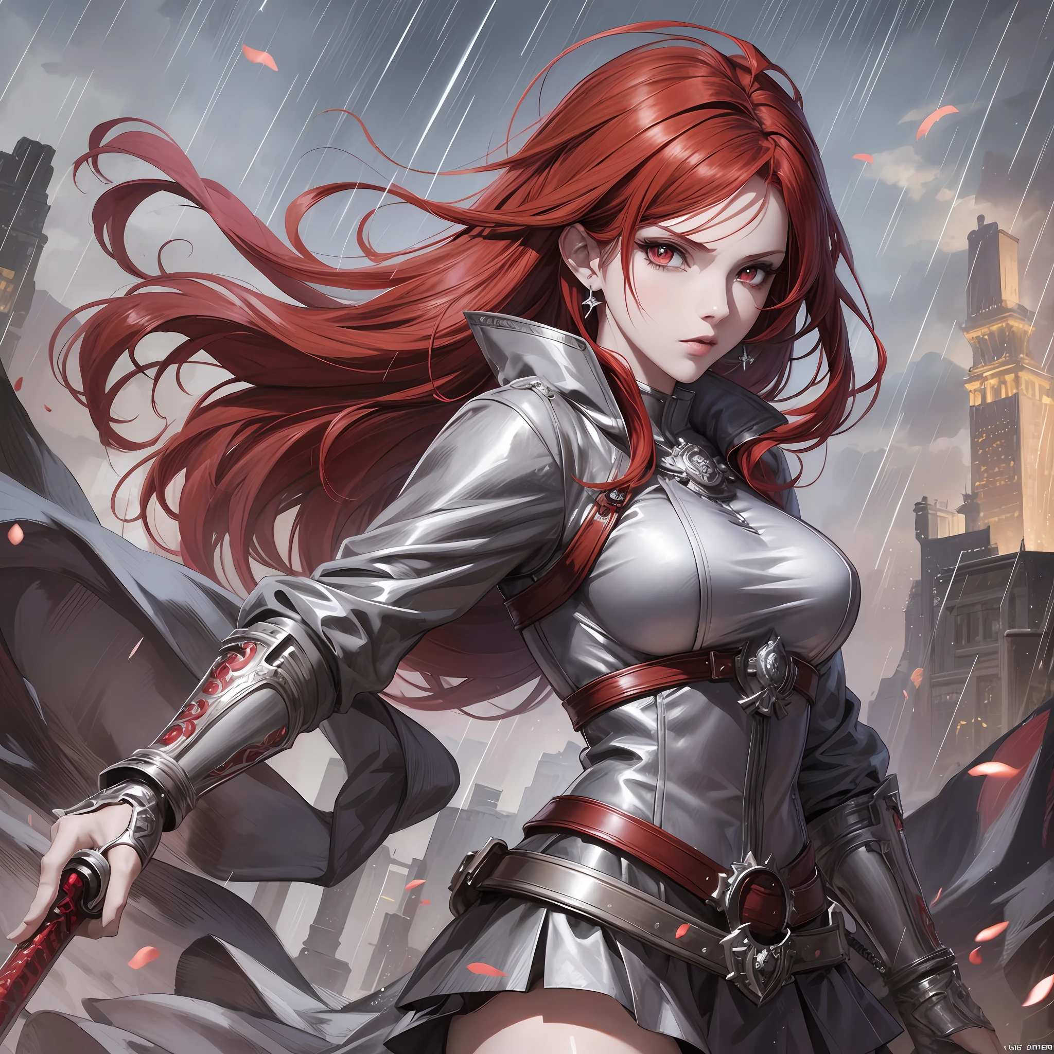 Anime girl with red hair and sword in the rain, fierce eyes, silver clover earrings, detailed digital anime art, red hair, official artwork, digital anime illustration, portrait of zodiac knight, anime image --auto --s2