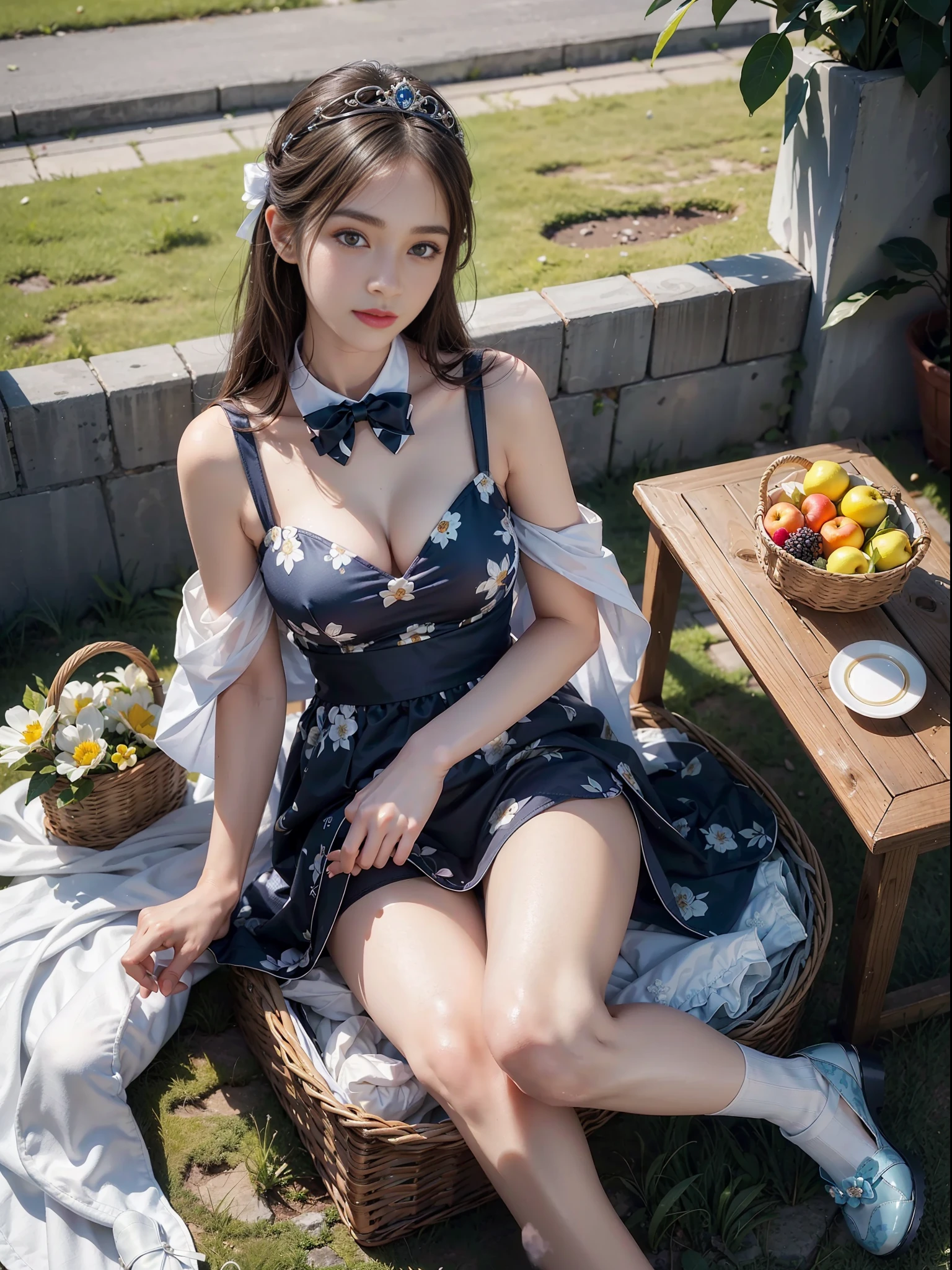 Dressed, (Photorealistic: 1.4), (Hyperrealistic: 1.4), (Realistic: 1.3), (Smooth Lighting: 1.05), (Improved Cinematic Lighting: 0.9), 32K, 1 girl, 20 year old adult woman, bright spring morning natural light, backlit, face light, ray tracking, (Bright light: 1.2), (Quality improvement: 1.4), (Top quality realistic textured skin: 1.4), fine detailed eyes, detailed face, fine quality eyes, brown eyes, (tired, sleepy and satisfied: 0.0), tiara with hair, bow tie, underwear, dark blue bra with white floral pattern, dark blue panties with white floral pattern, one woman in Japan with a faint smile, full body, pure white smooth and shiny silk material socks, sitting with sheets on the grass, Strap shoes, basket with fruits and flowers, tea set, green glass bottle with water, background blurred white