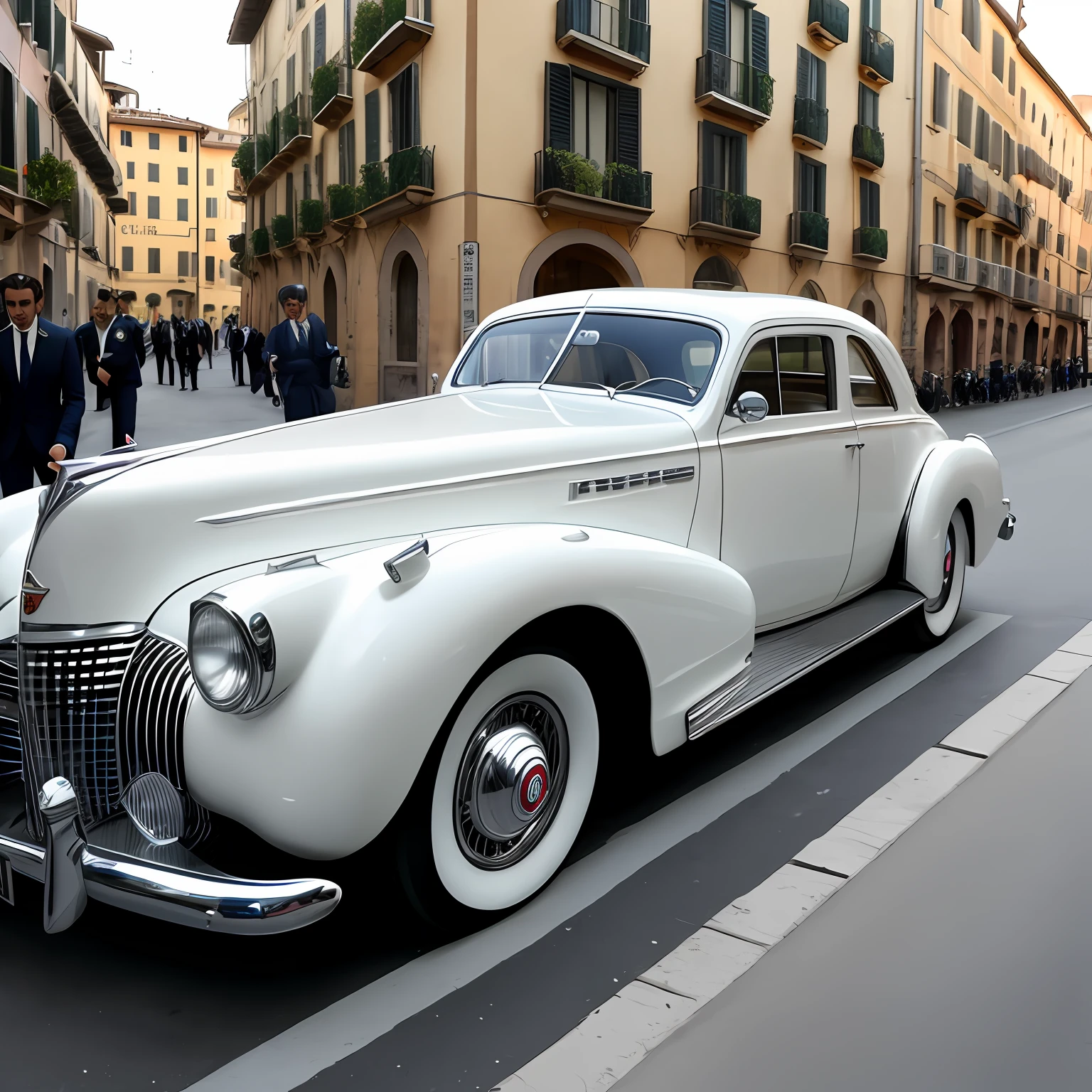 Real image, white Cadillac. Young Italian billionaire next to the car, year 1940. Streets of Italy. Mafia. Power and interests. Suit. Bucherer watch.
