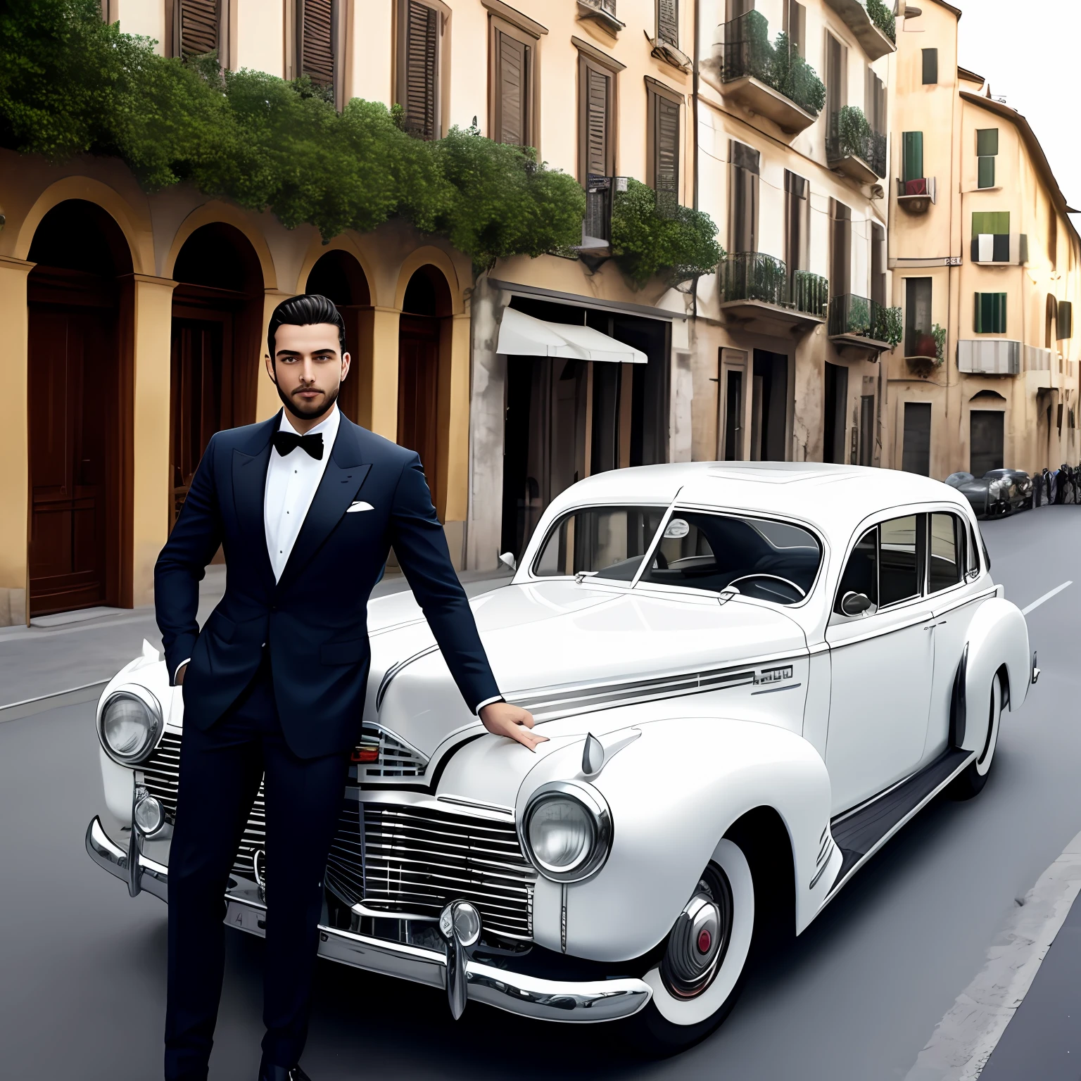 Real image, white Cadillac. Young Italian billionaire next to the car, year 1940. Streets of Italy. Mafia. Power and interests. Suit. Bucherer watch.