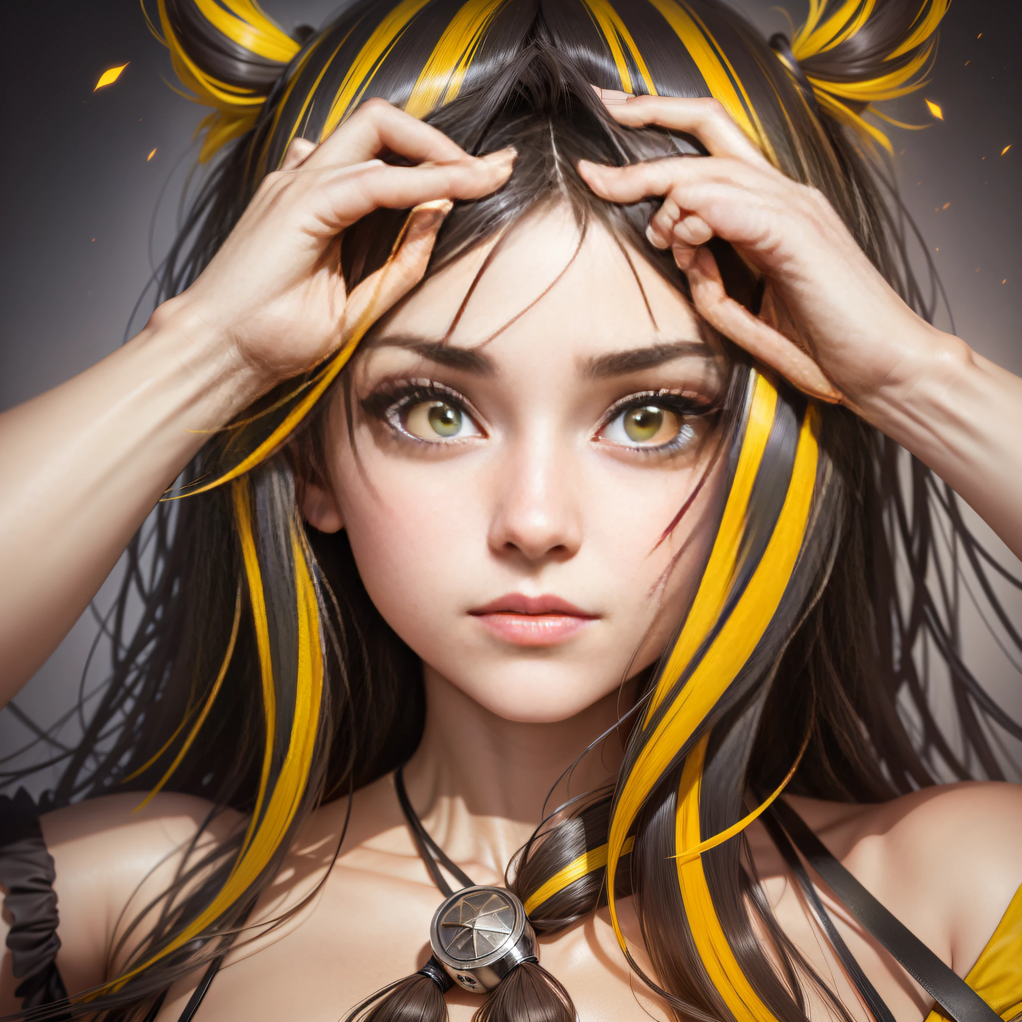 streaked hair, yellow eyes, Surrealism, stereogram, first-person view, UHD, girl