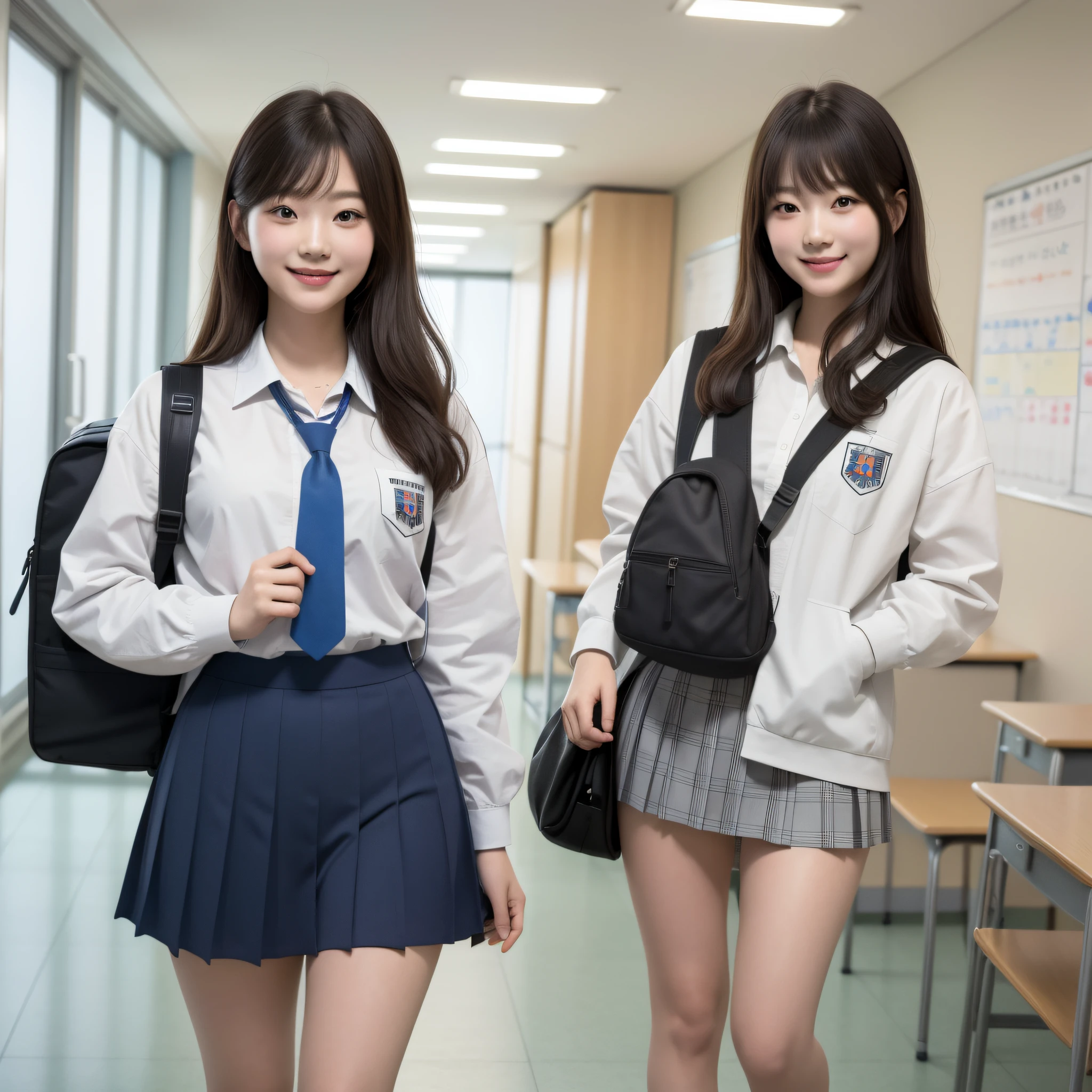 (best quality:1.4), (masterpiece:1.4), (highres:1.2), (extremely detailed:1.2), human body ratio,
1girl, korean girl, wearing japanese schoolgirl,  standing, smiling, with backpack, holding school books, classroom setting, busy school hallway