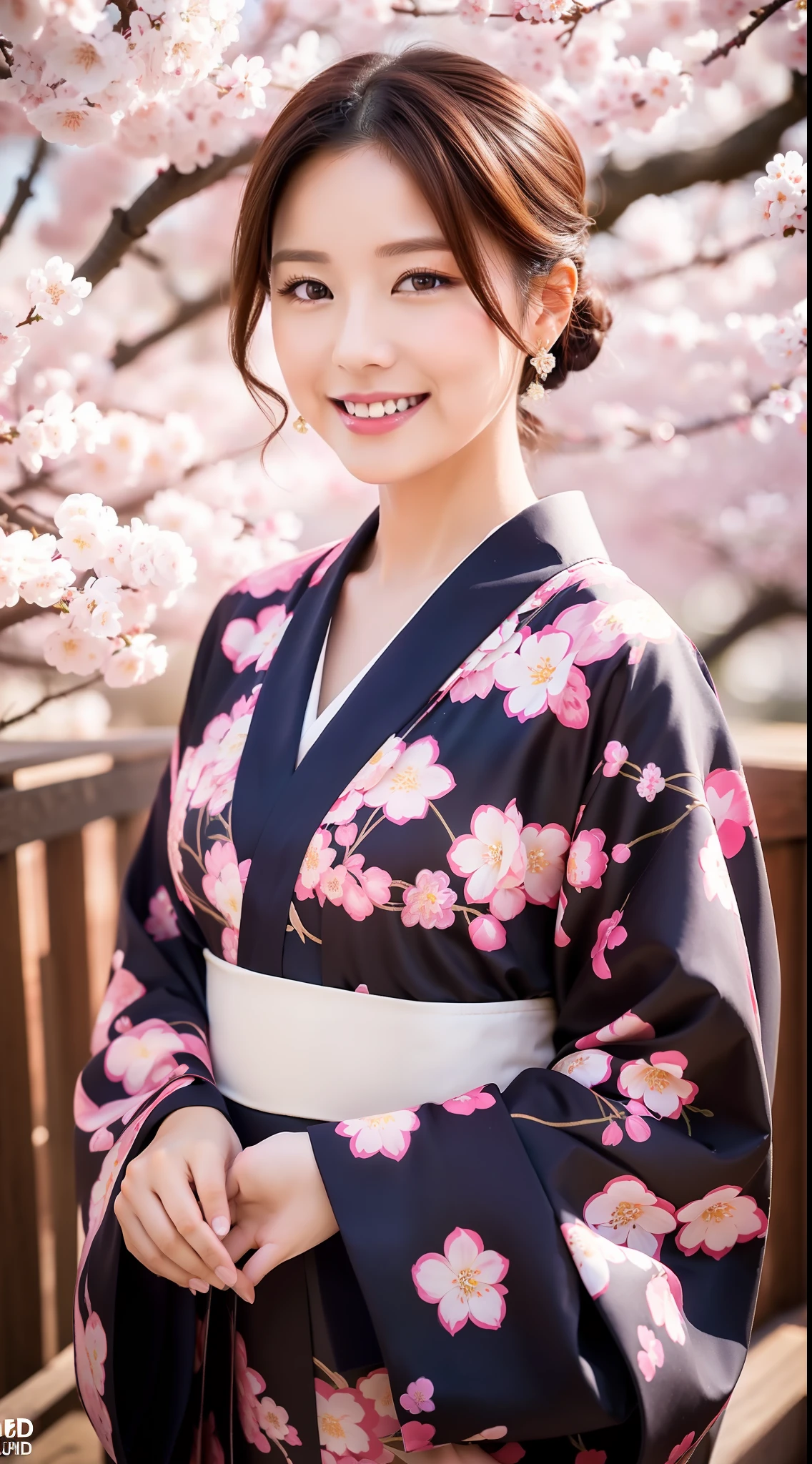 (Best Quality, 8k, 32k, Masterpiece, UHD: 1.2), Cute Japan Woman Pictures, 1 Girl, Kimono, Big: 1.2, (Lips), (Medium Short Dark Brown Hair), Realistic Rays, Cherry Blossoms, Smile