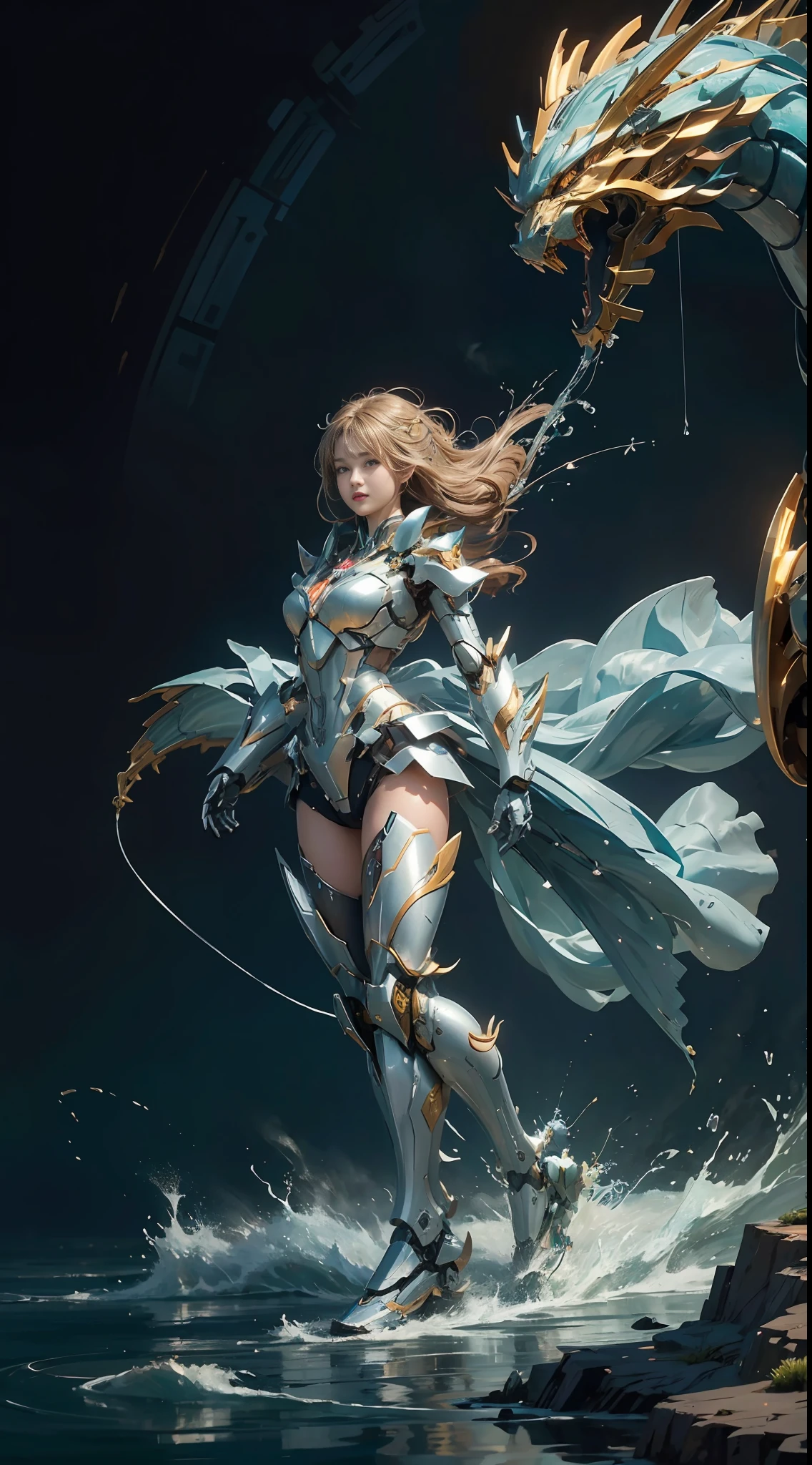 (best quality),(masterpiece),an extremely delicate and beautiful girl,extremely detailed,Amazing,finely detail,official art,ultra-detailed,highres,beautiful detailed girl,light on face,
a girl standing in front of a dragon,long,no humans,dragon,(floating hair),mecha,(mechanical mecha),yushuishu,water,waves,Filled with water energy,Mecha all,Honey Mecha,machinery