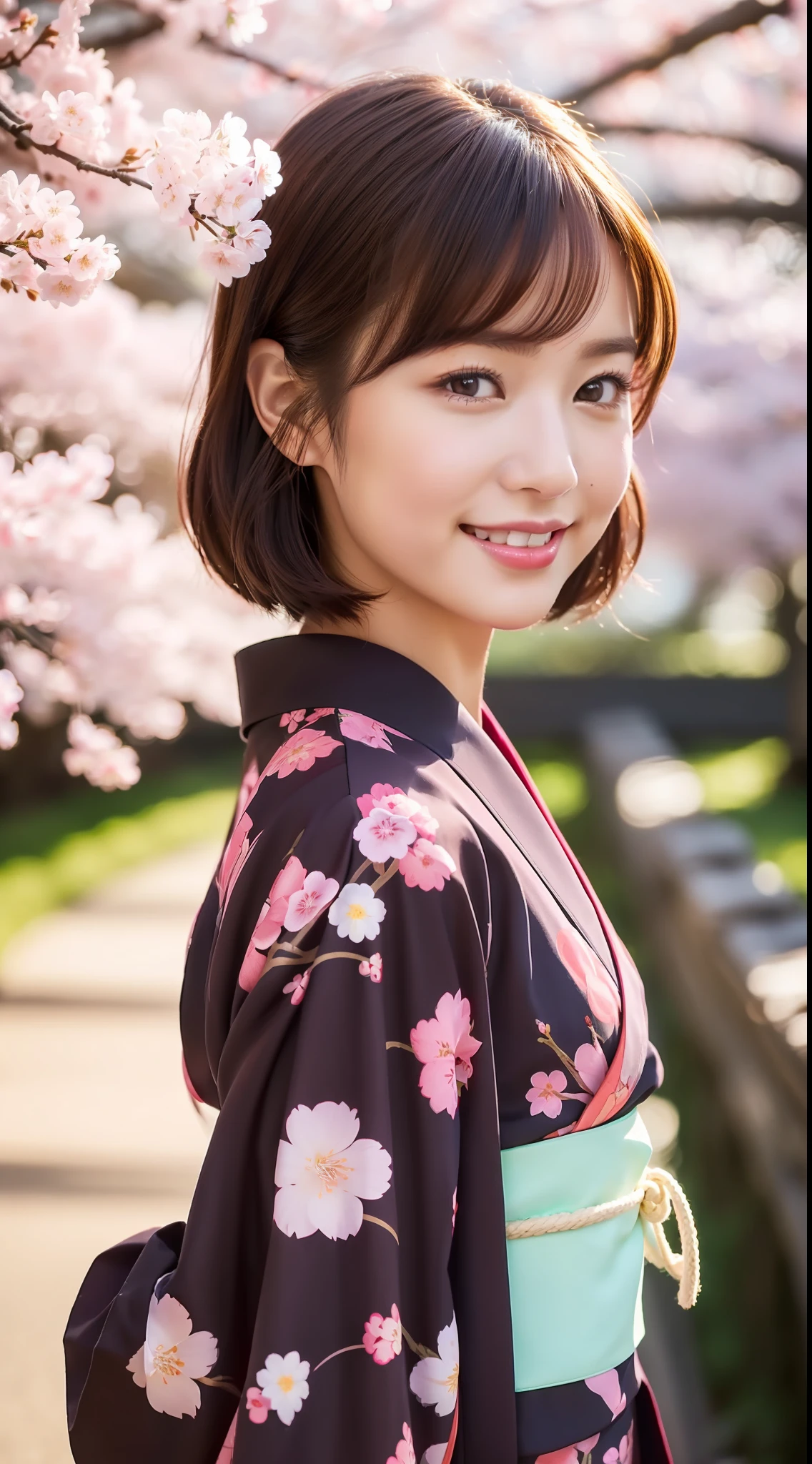 (Best Quality, 8k, 32k, Masterpiece, UHD: 1.2), Cute Japan Woman Pictures, 1 Girl, Kimono, Big: 1.2, (Lips), (Medium Short Dark Brown Hair), Realistic Rays, Cherry Blossoms, Smile