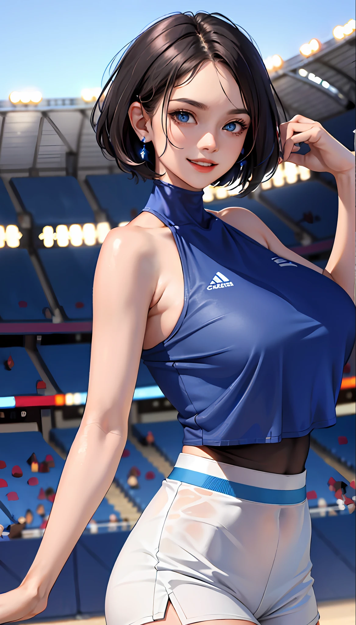 (masterpiece:1.2, best quality), (1lady, solo, upper body:1.2), clothing: jersey Accessories: Cheerleaders Hair: Dark blue shoulder-length short hair Makeup: Natural, glowing skin, behavior: relaxed, carefree, free-spirited, smiling Location: Stadium, blue eyes, huge breasts,