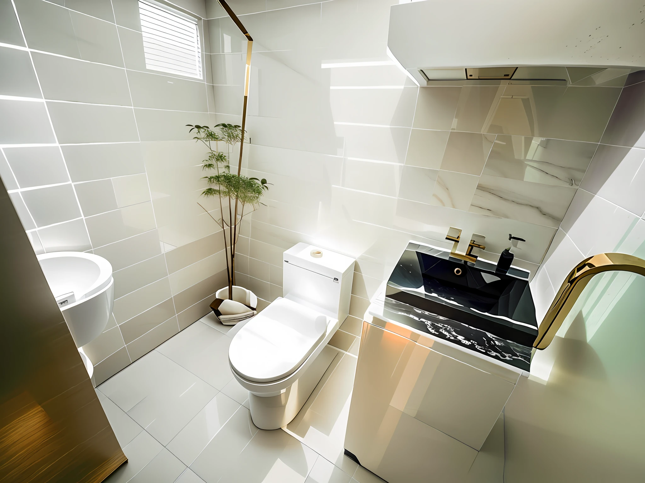 The main body is a high-end bathroom with white tiles; Premium washing machine. High-grade wash basin, glass door, must reflect all the above items, the decoration style is minimalist and simple, white tone, bright lighting, bright tone, human perspective.