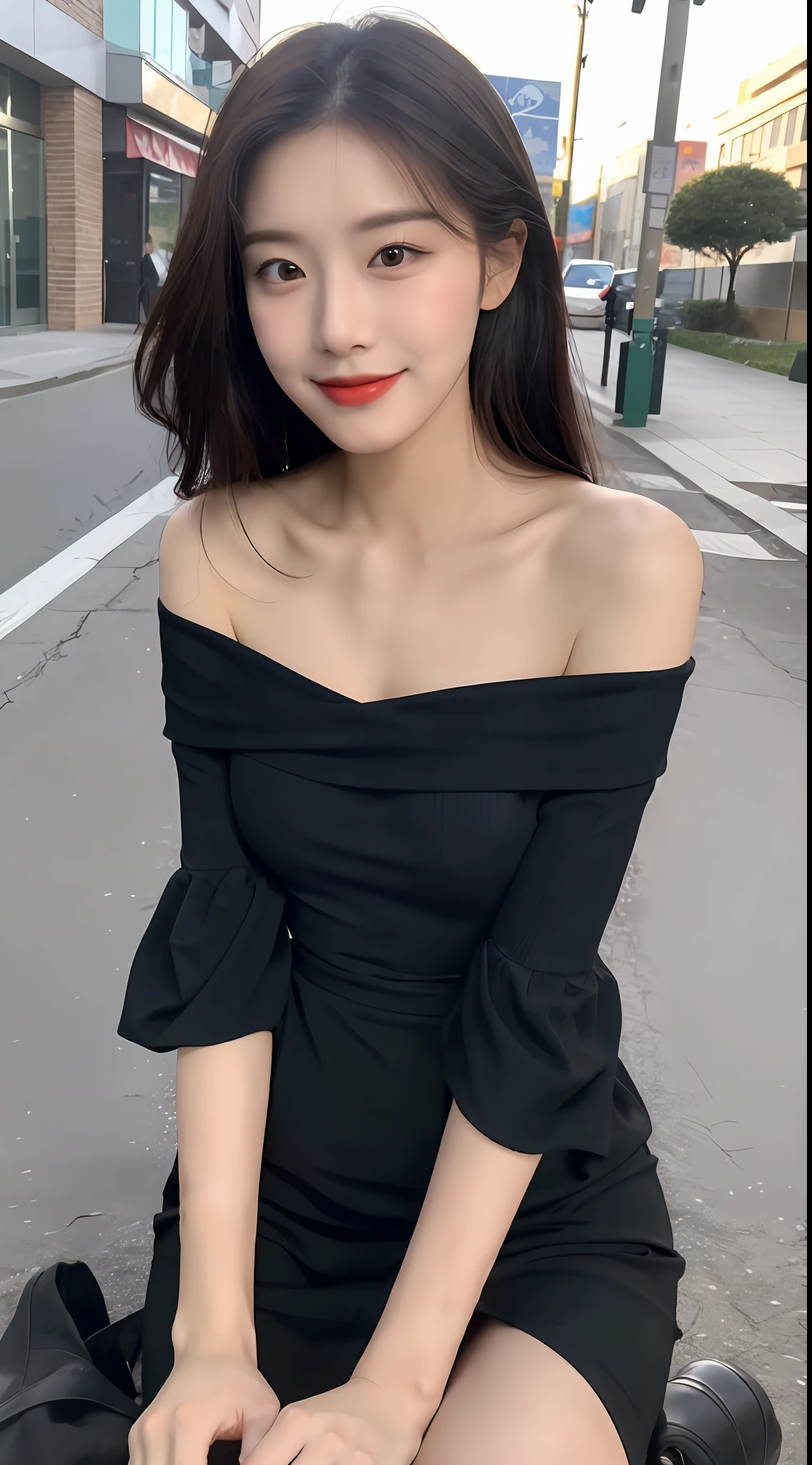 (1 Korean girl), ((best quality, 8k, masterpiece: 1.3)), ultra-clear details, perfect body beauty: 1.4, (smile), (Street: 1.3), highly detailed face and skin texture, fine eyes, double eyelids, whitened skin, (black straight face: 1.3), (round face: 1.5), (off-the-shoulder dress: 1.4),