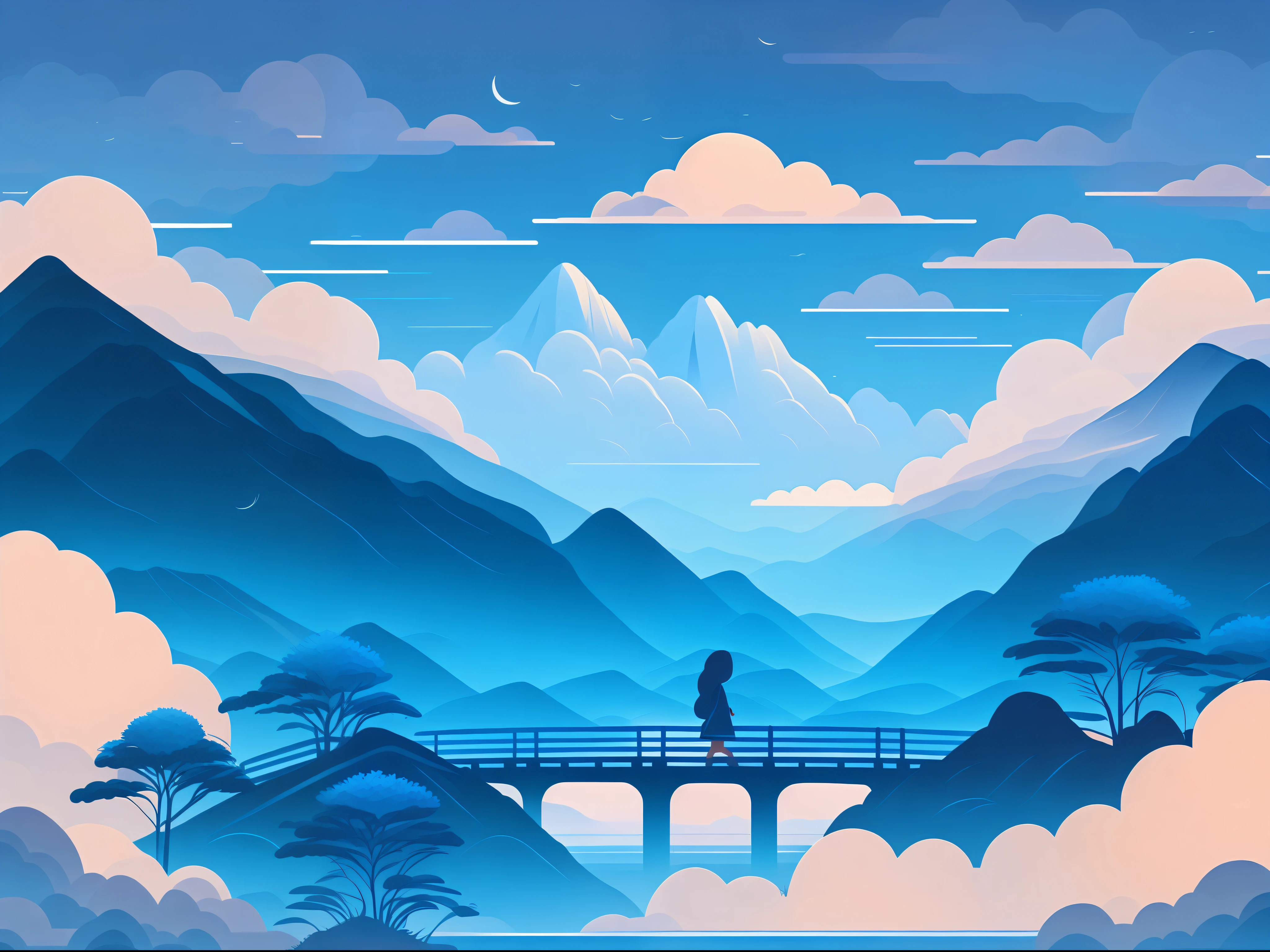 Chinese landscape, flat style, flat illustration, landscape, mountain group, small bridge, girl walking on the bridge, cloud, plant, graphic design, flat illustration, panorama, night, blue tone, simple, dreamy